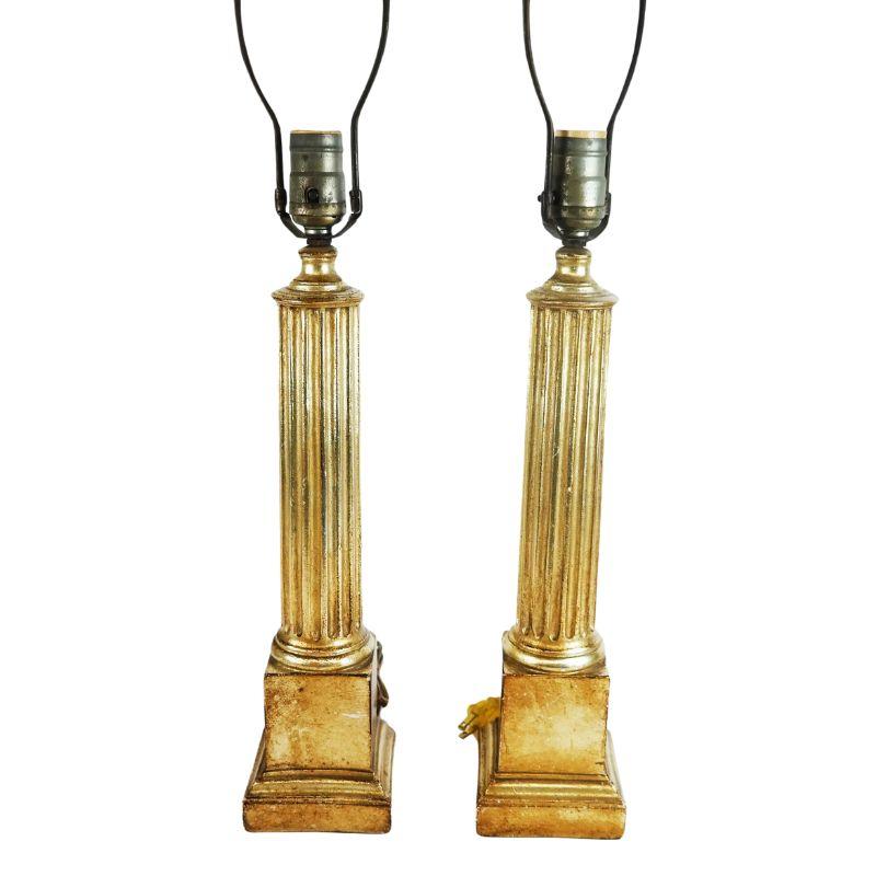 Pair of Neoclassic Reeded Gilt Column Lamps In Good Condition For Sale In Locust Valley, NY