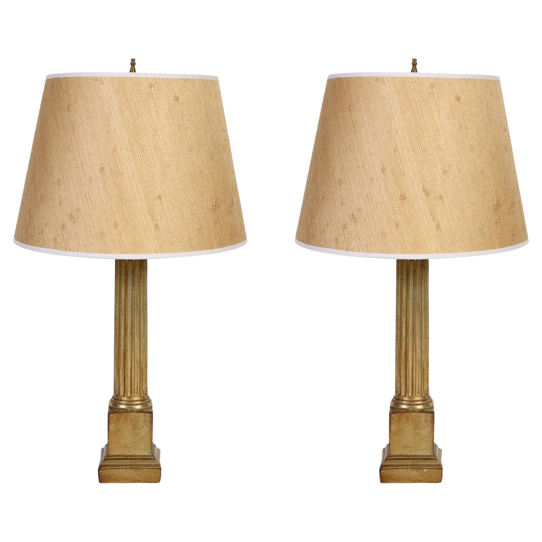 Pair of Neoclassic Reeded Gilt Column Lamps