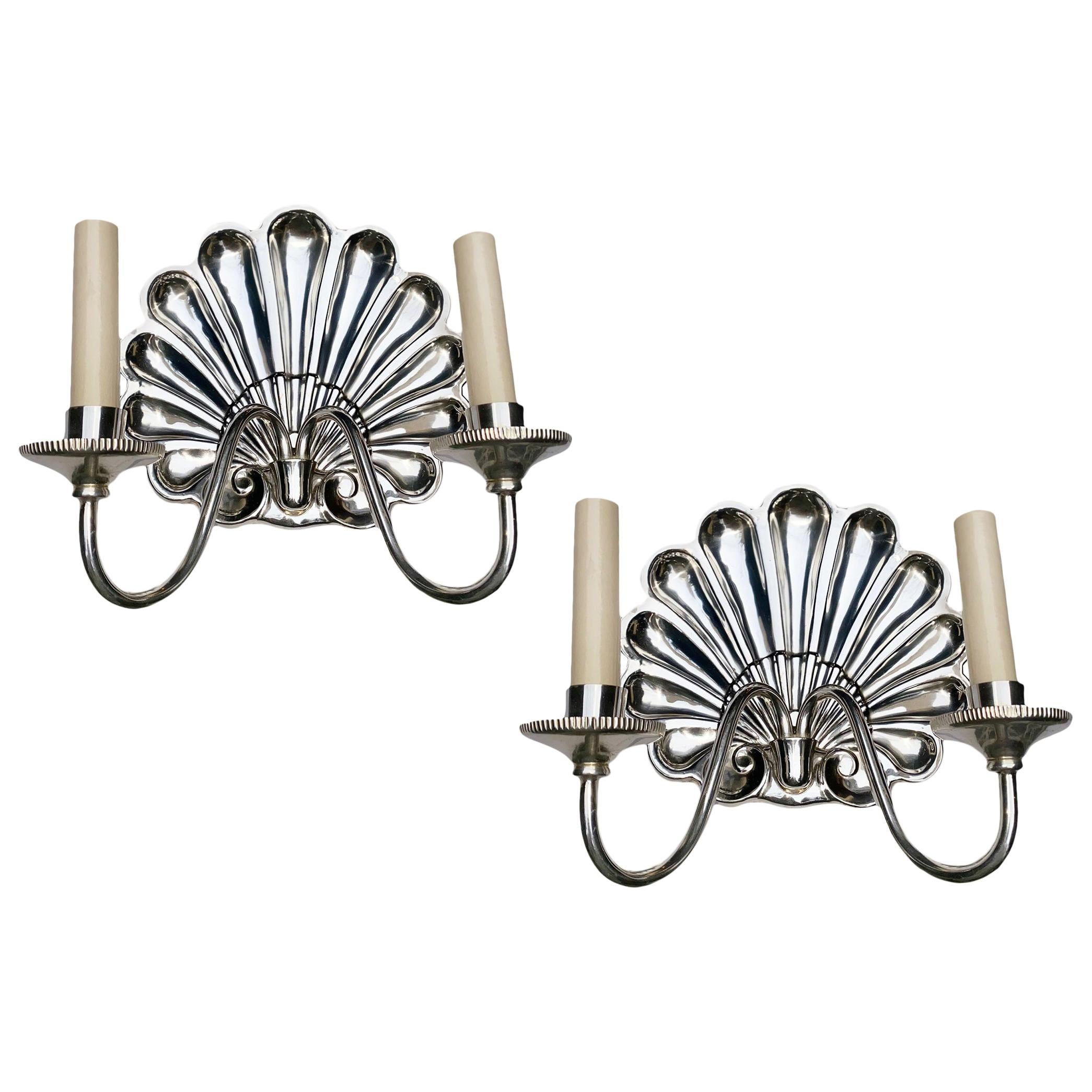 Pair of Neoclassic Silver Plated Shell Sconces For Sale