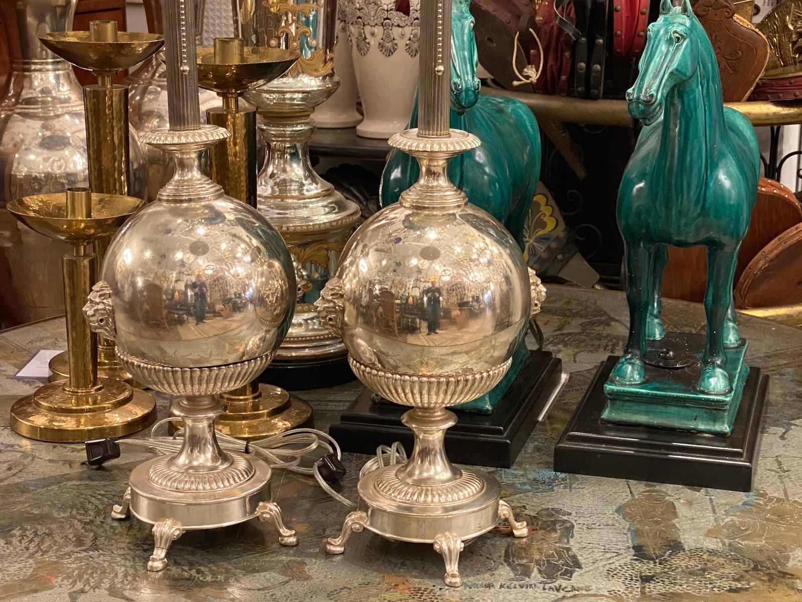 Metal Pair of Neoclassic Silver Table Lamps