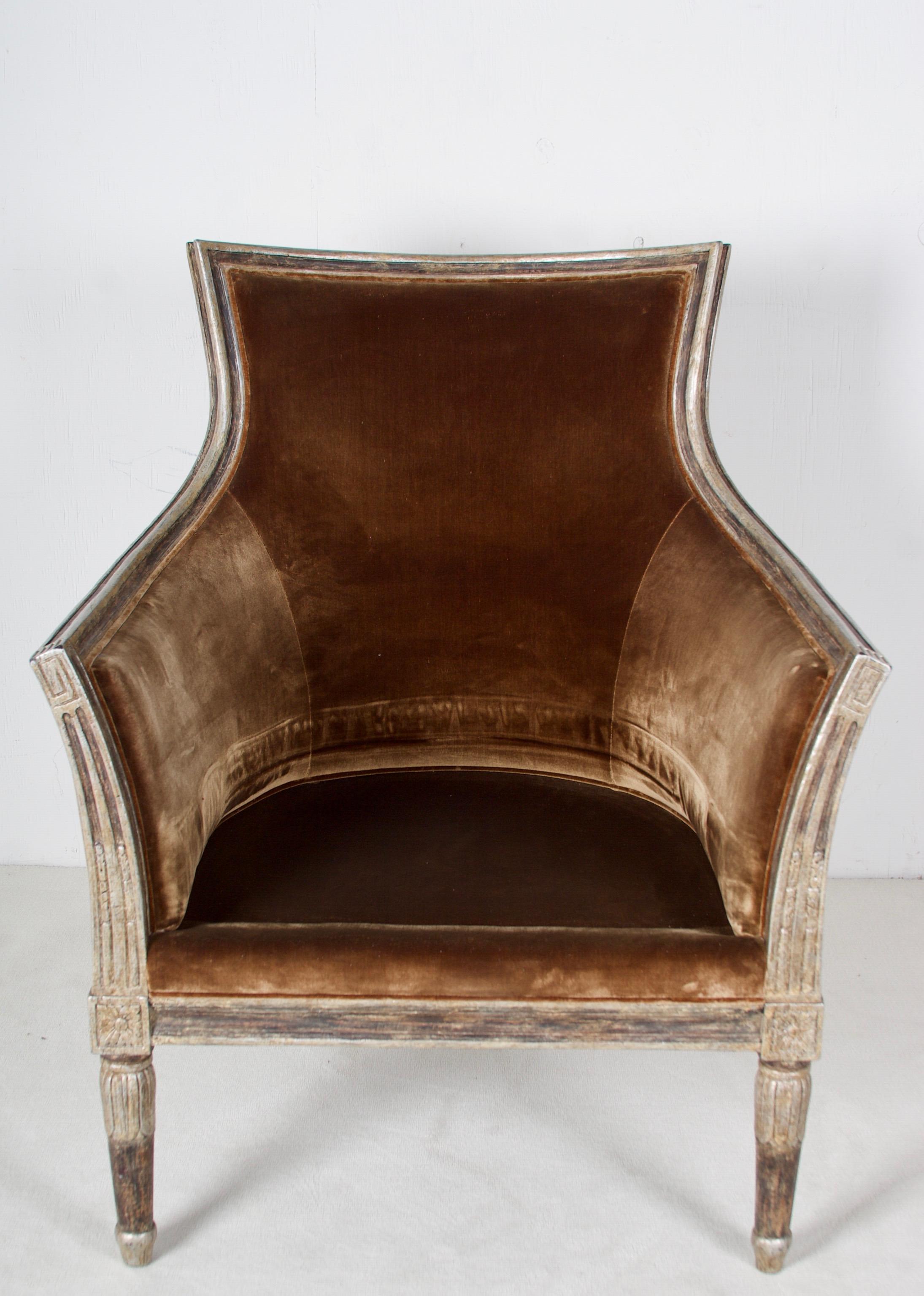 Pair of Neoclassic Style Bergères, Upholstered in Silk Velvet 4