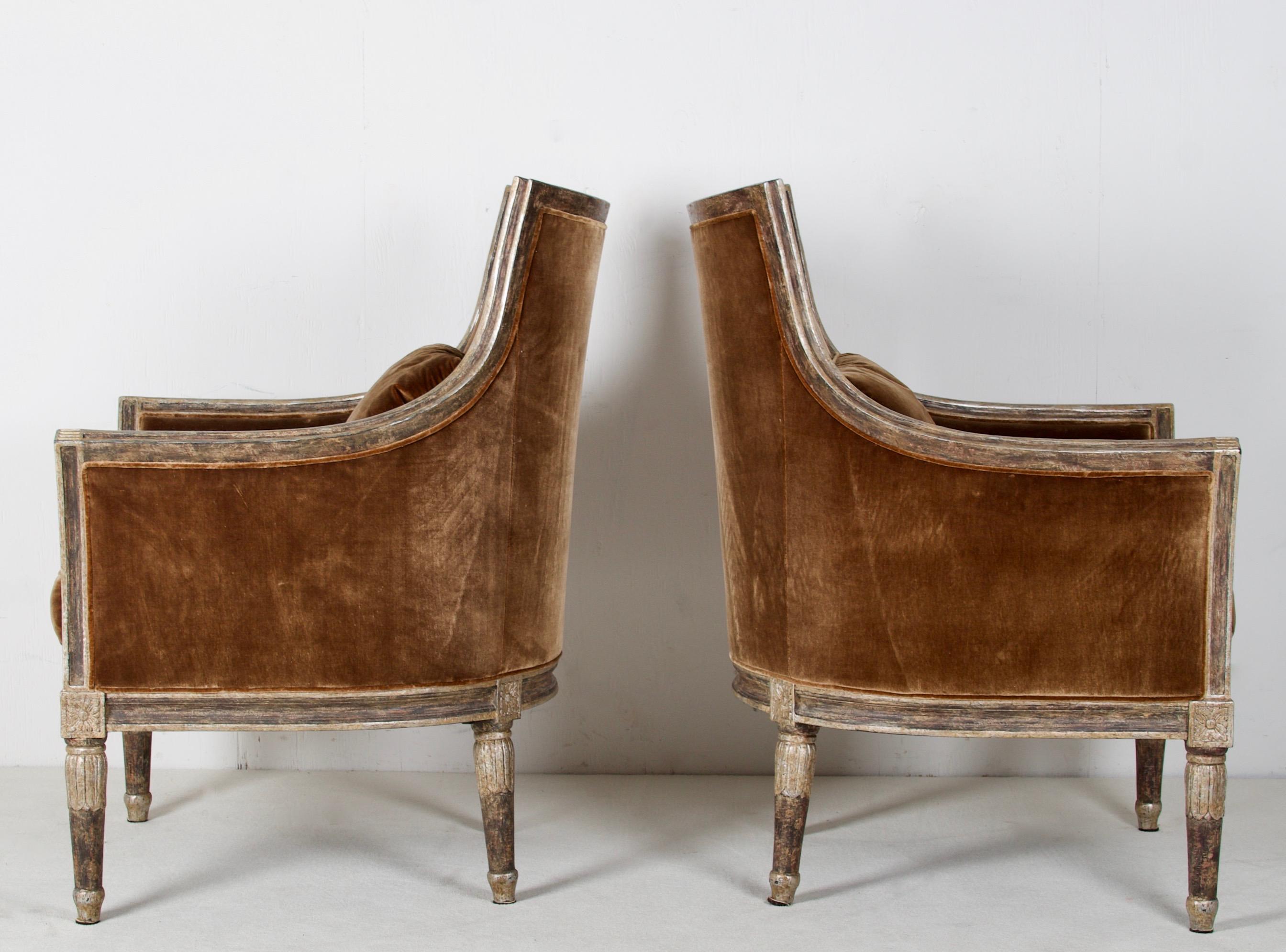 Neoclassical Pair of Neoclassic Style Bergères, Upholstered in Silk Velvet
