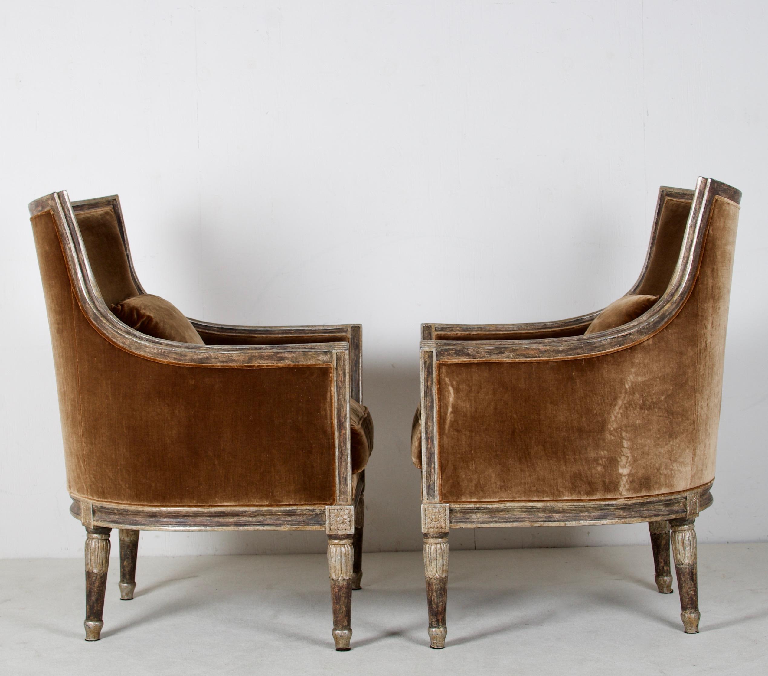 American Pair of Neoclassic Style Bergères, Upholstered in Silk Velvet