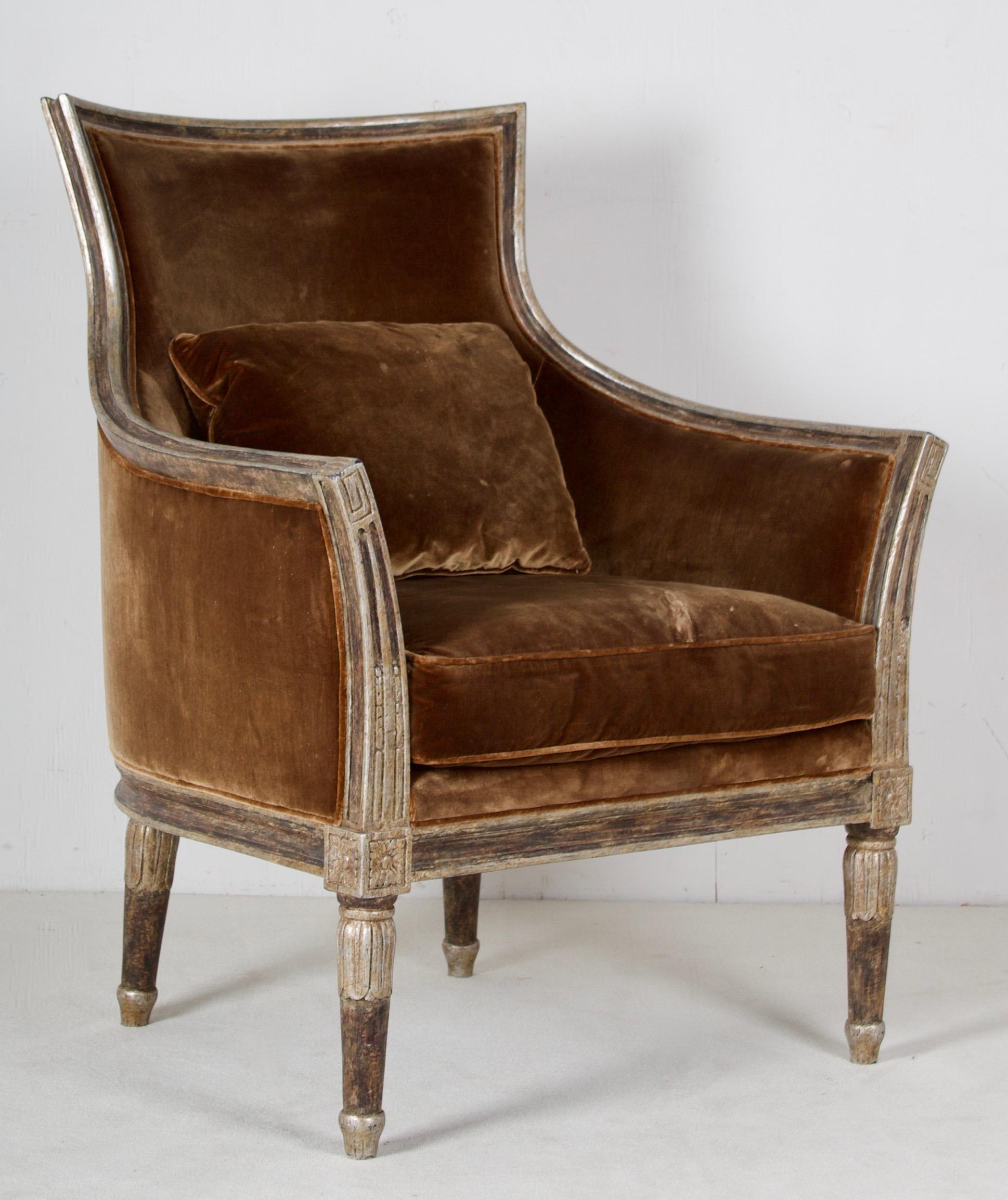Gilt Pair of Neoclassic Style Bergères, Upholstered in Silk Velvet