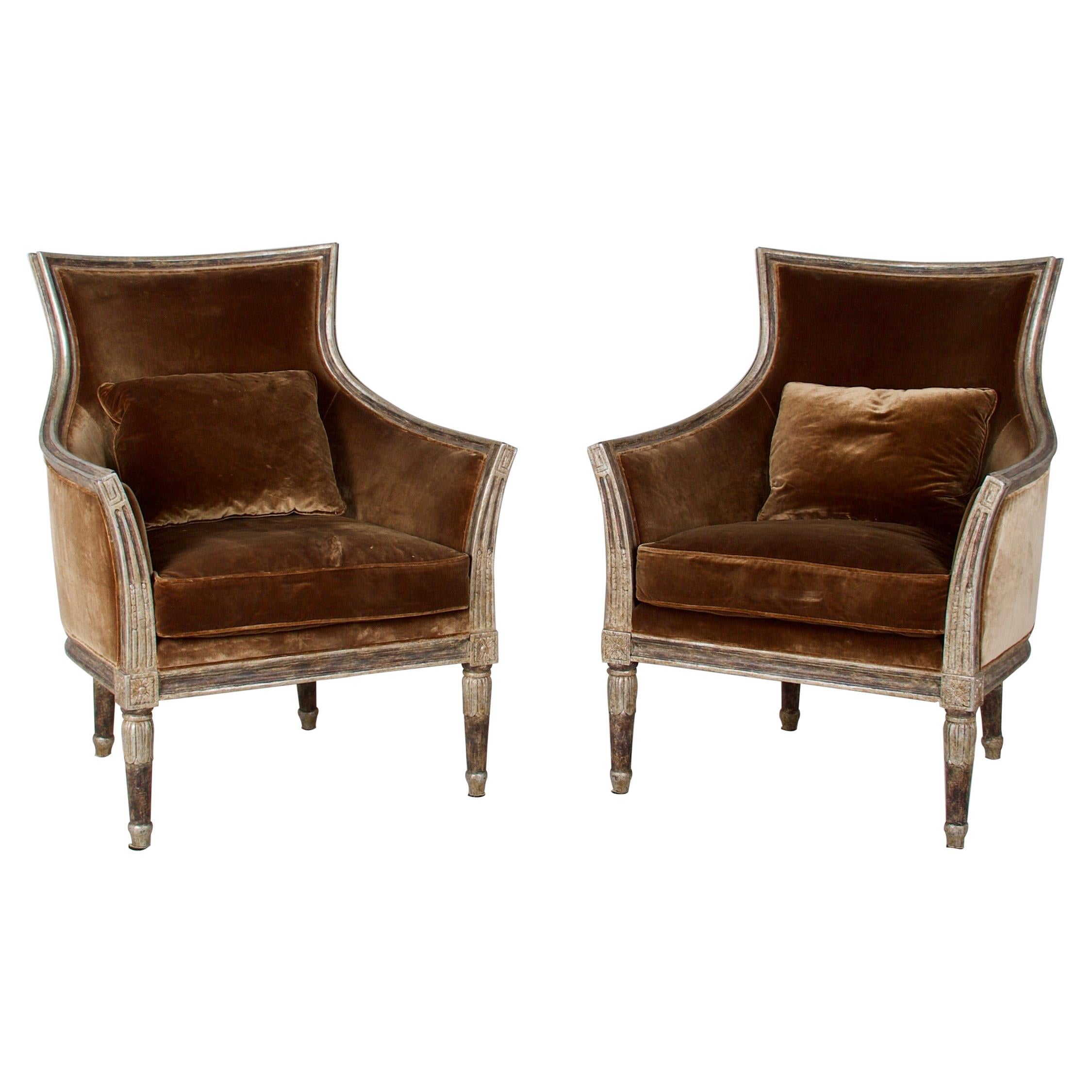 Pair of Neoclassic Style Bergères, Upholstered in Silk Velvet