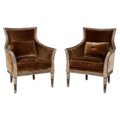 Pair of Neoclassic Style Bergères, Upholstered in Silk Velvet