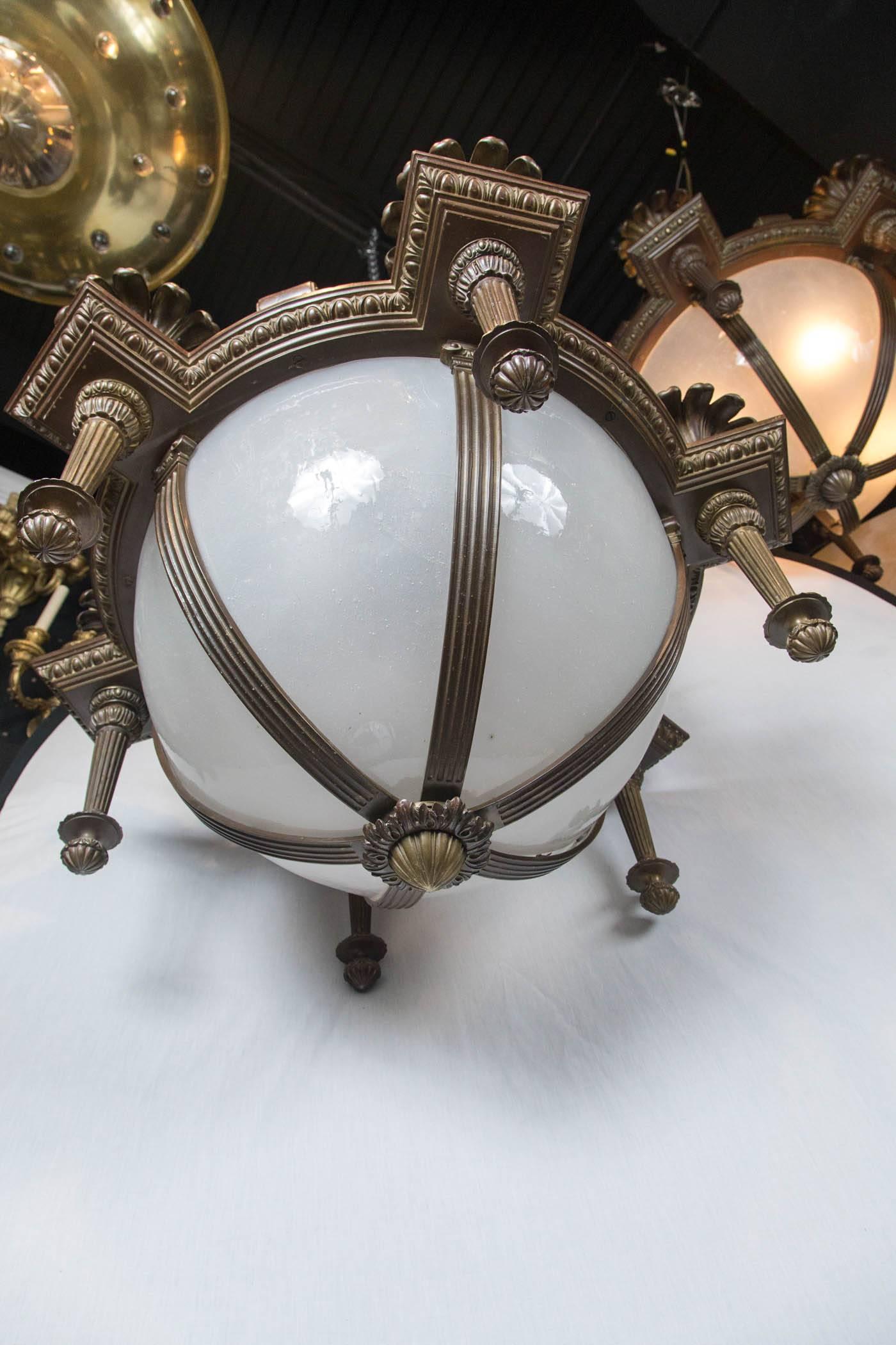 Pair of Neoclassic Style Caldwell Chandeliers with Opaline Glass Panels Inset For Sale 4