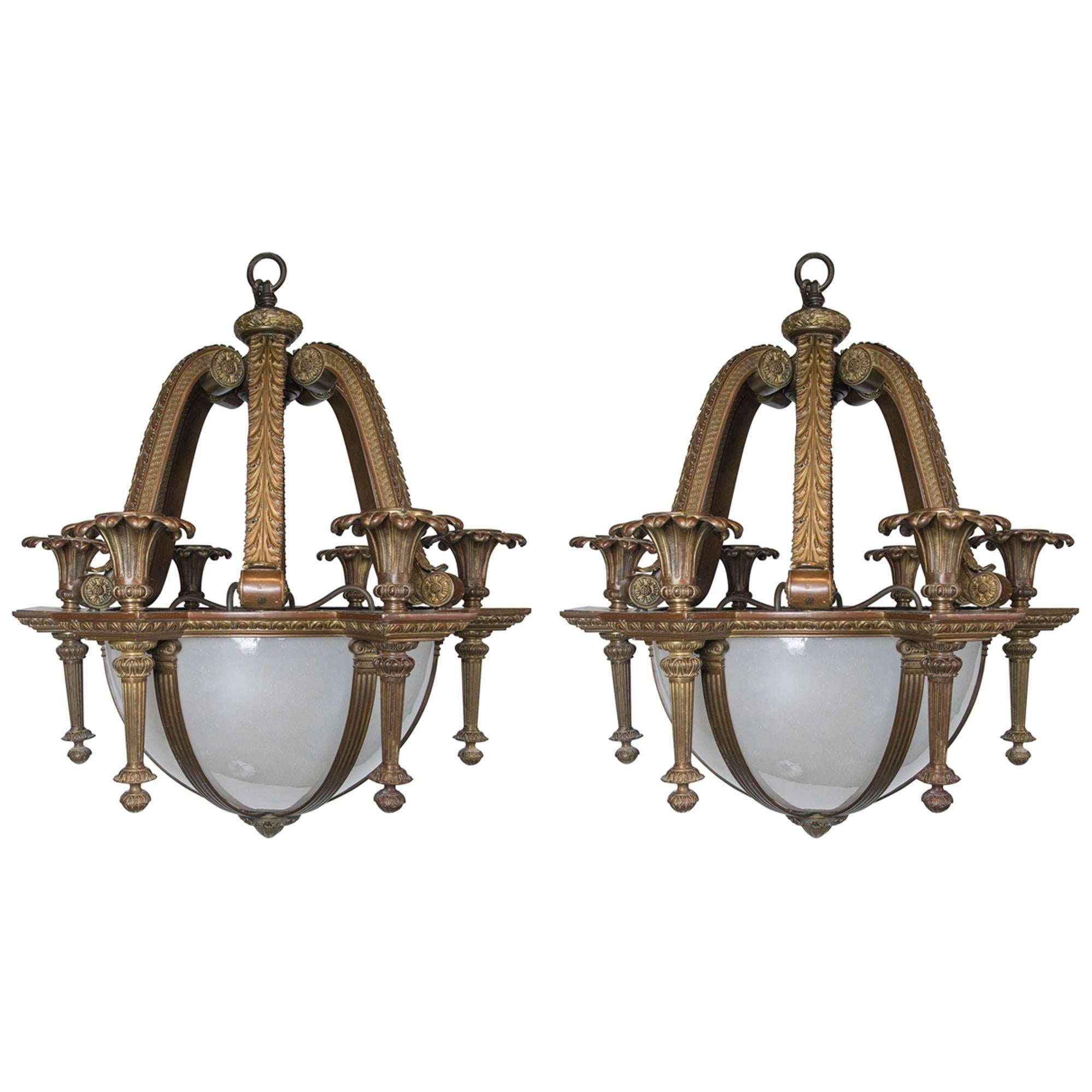 Pair of Neoclassic Style Caldwell Chandeliers with Opaline Glass Panels Inset For Sale