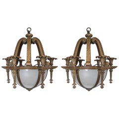 Pair of Neoclassic Style Caldwell Chandeliers with Opaline Glass Panels Inset