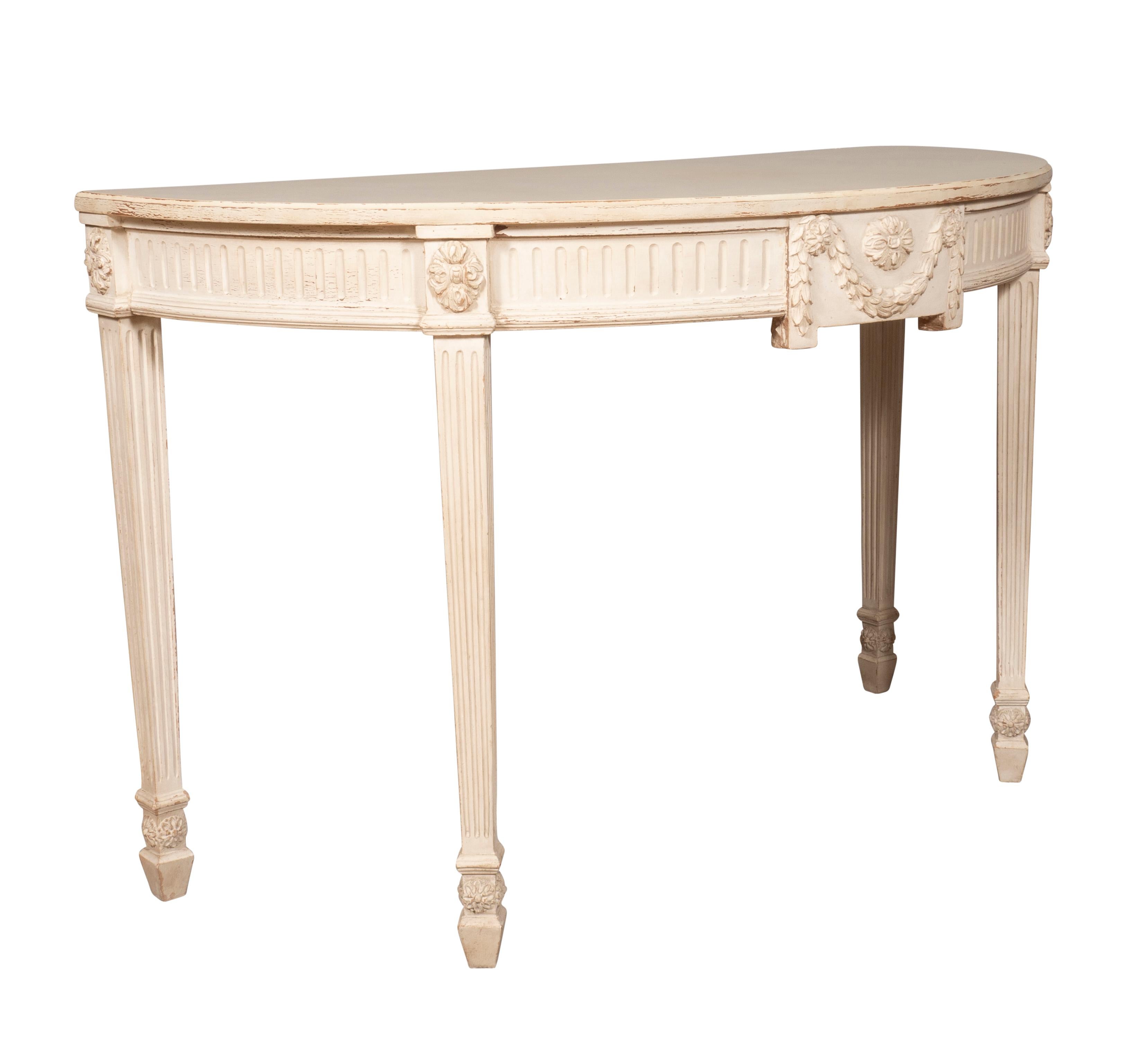 American Pair of Neoclassic Style Demilune Painted Console Tables
