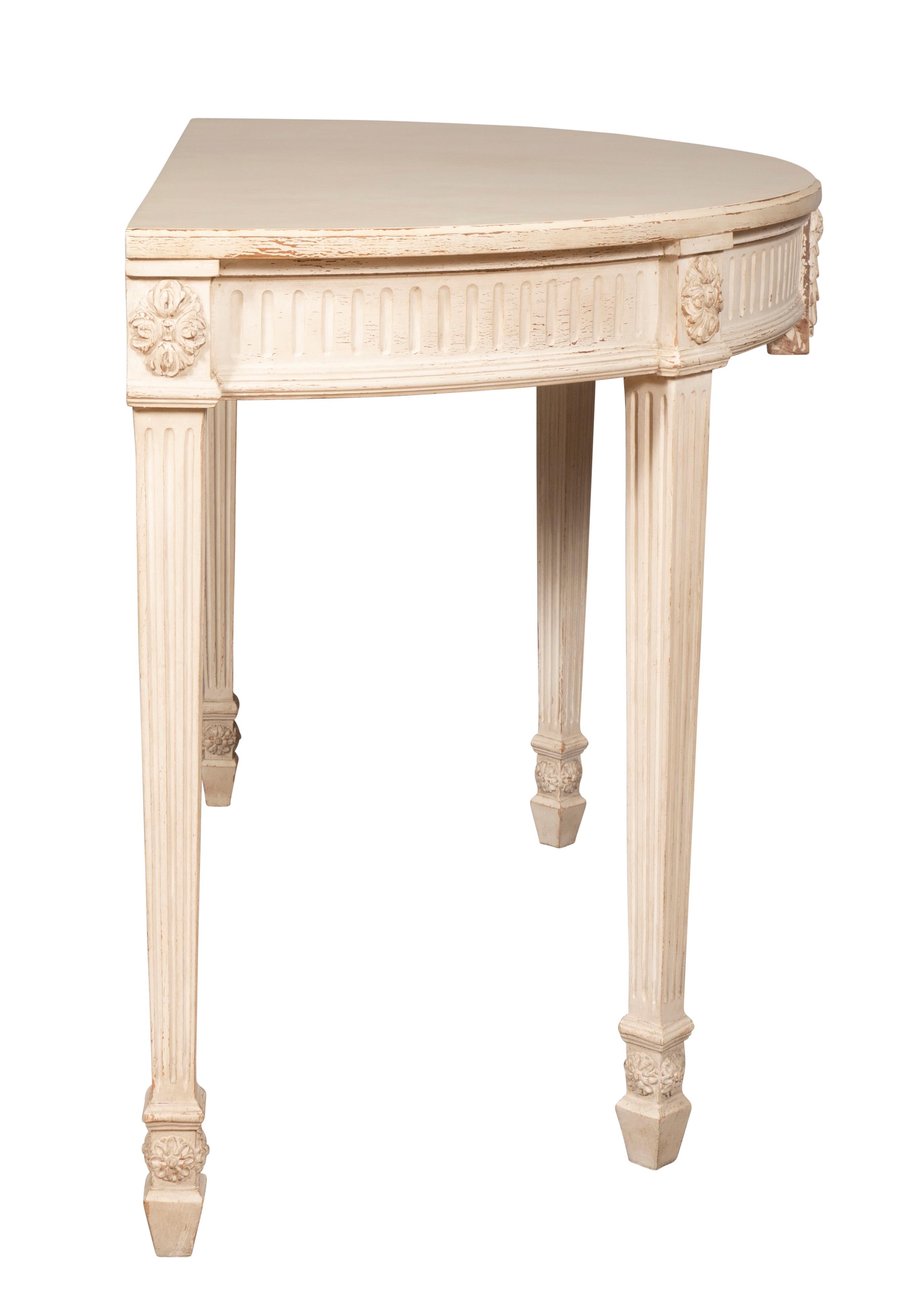 Carved Pair of Neoclassic Style Demilune Painted Console Tables