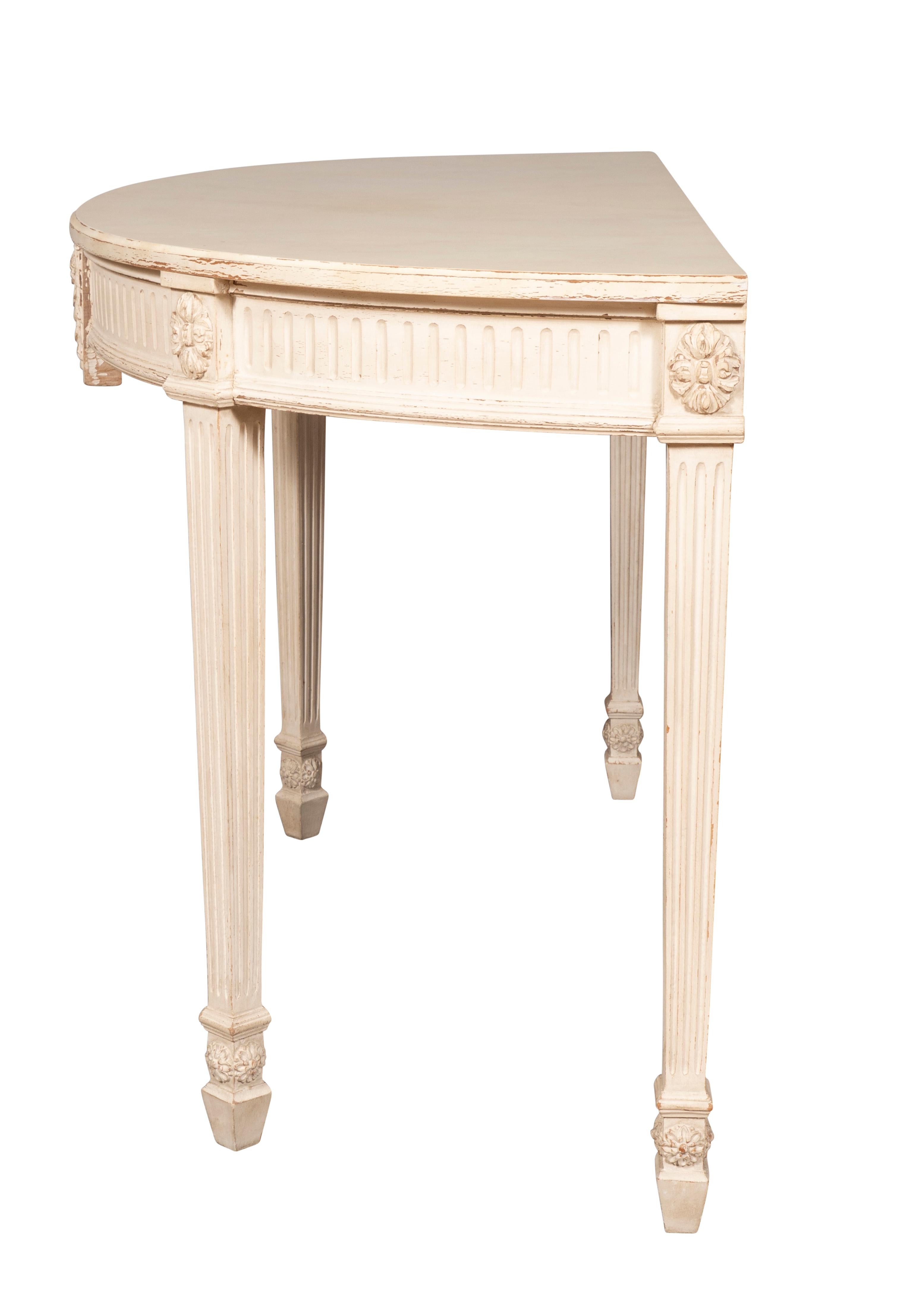 Late 18th Century Pair of Neoclassic Style Demilune Painted Console Tables