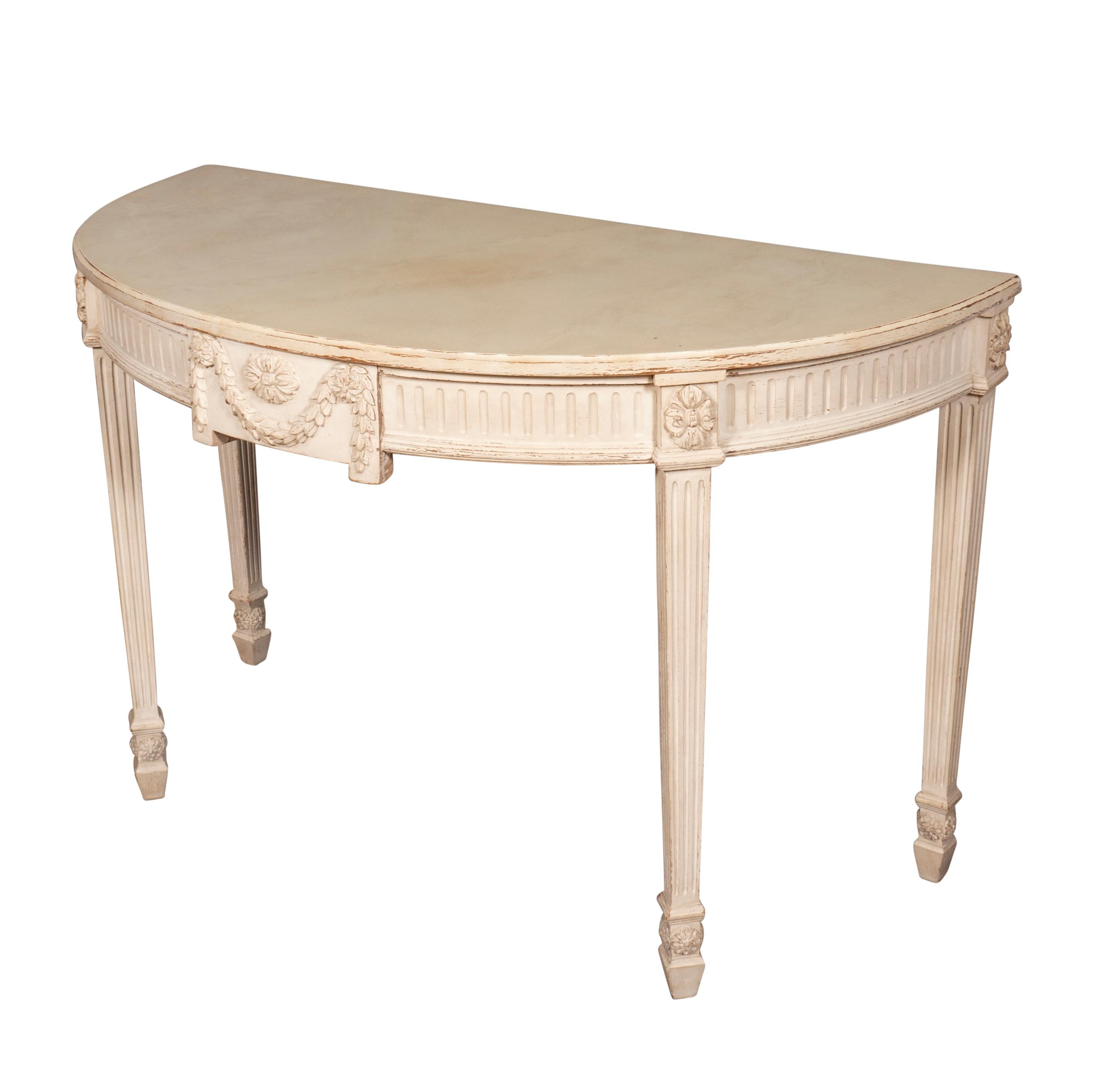 Wood Pair of Neoclassic Style Demilune Painted Console Tables