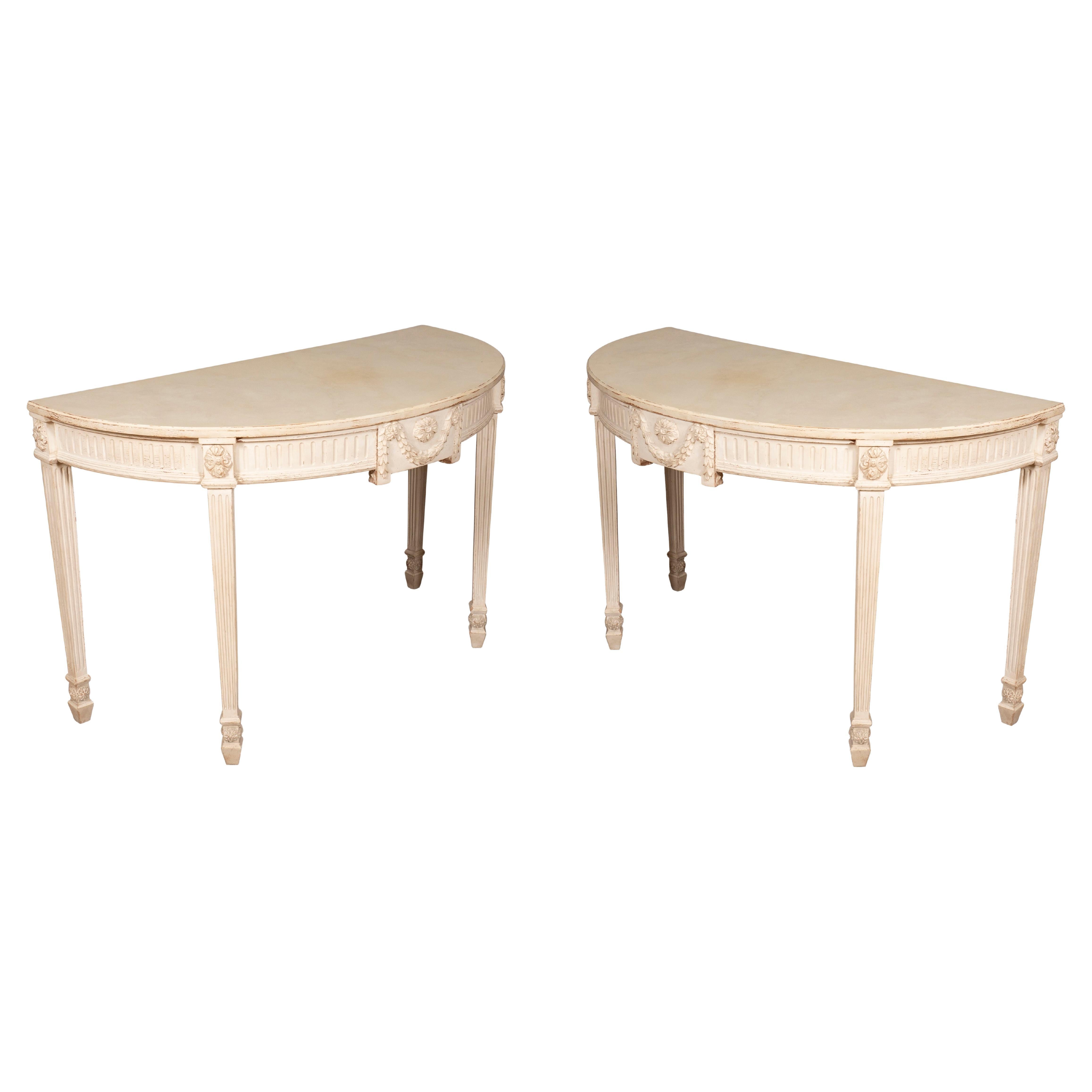 Pair of Neoclassic Style Demilune Painted Console Tables