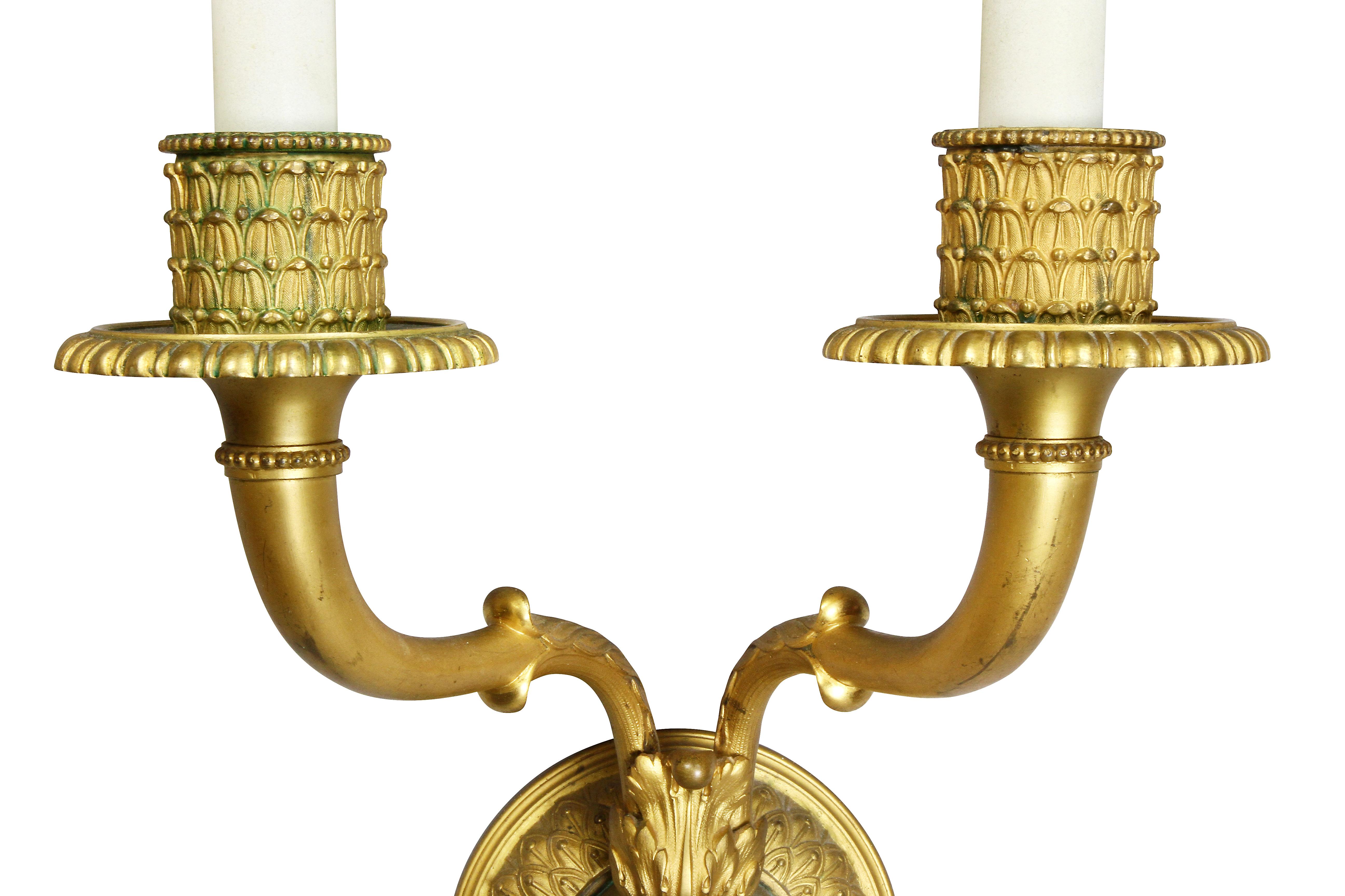 Pair of Neoclassic Style Gilt Bronze Wall Lights In Good Condition In Essex, MA