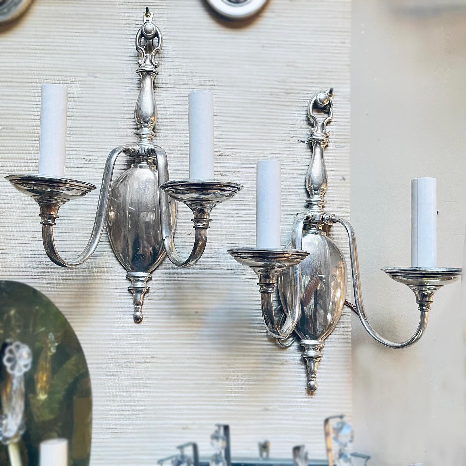 Pair of Neoclassic Style Silver Sconces For Sale 1