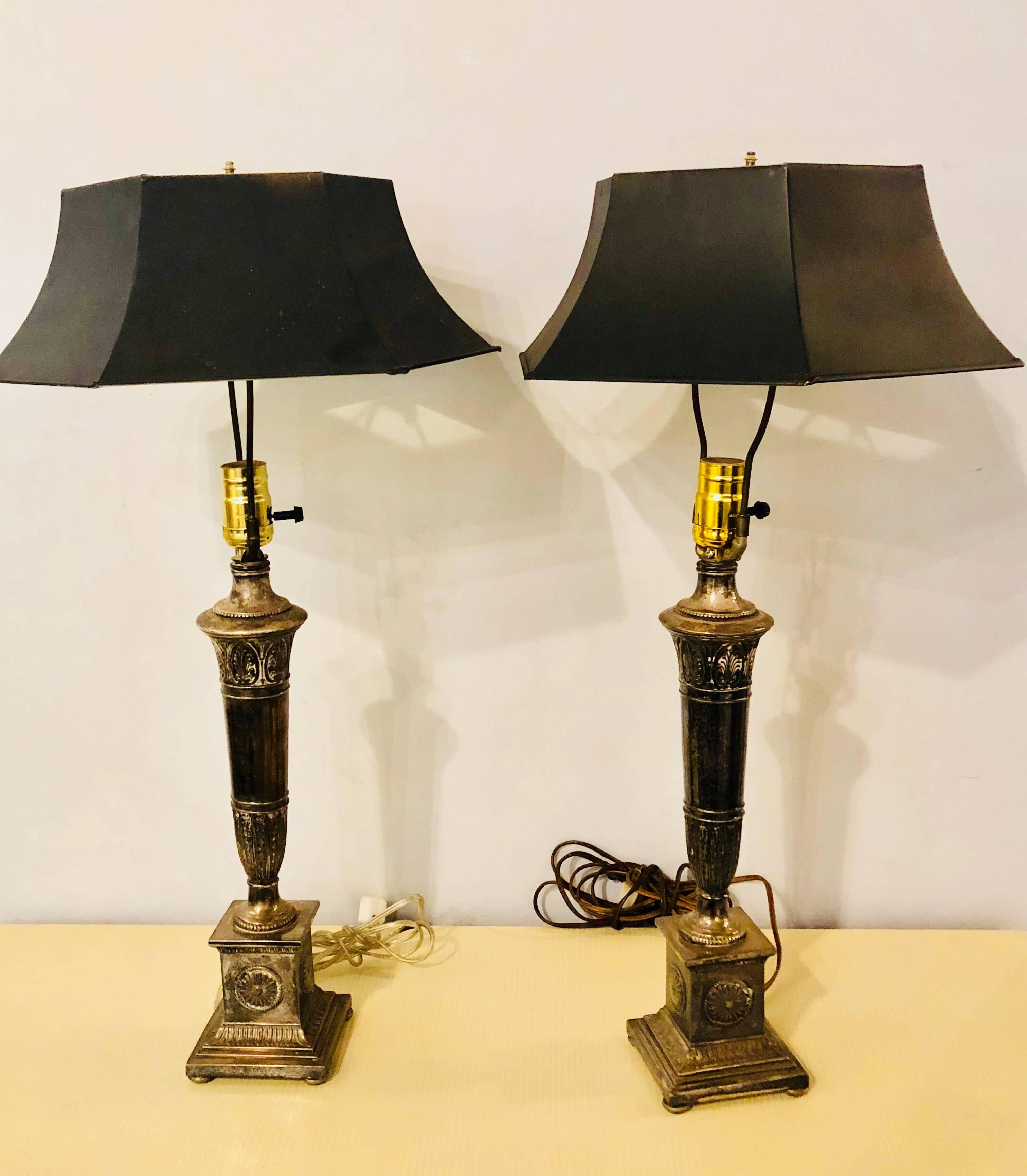 Pair of Neoclassic Style Silvered Metal Table Lamps with Ebony Metal Shades 1