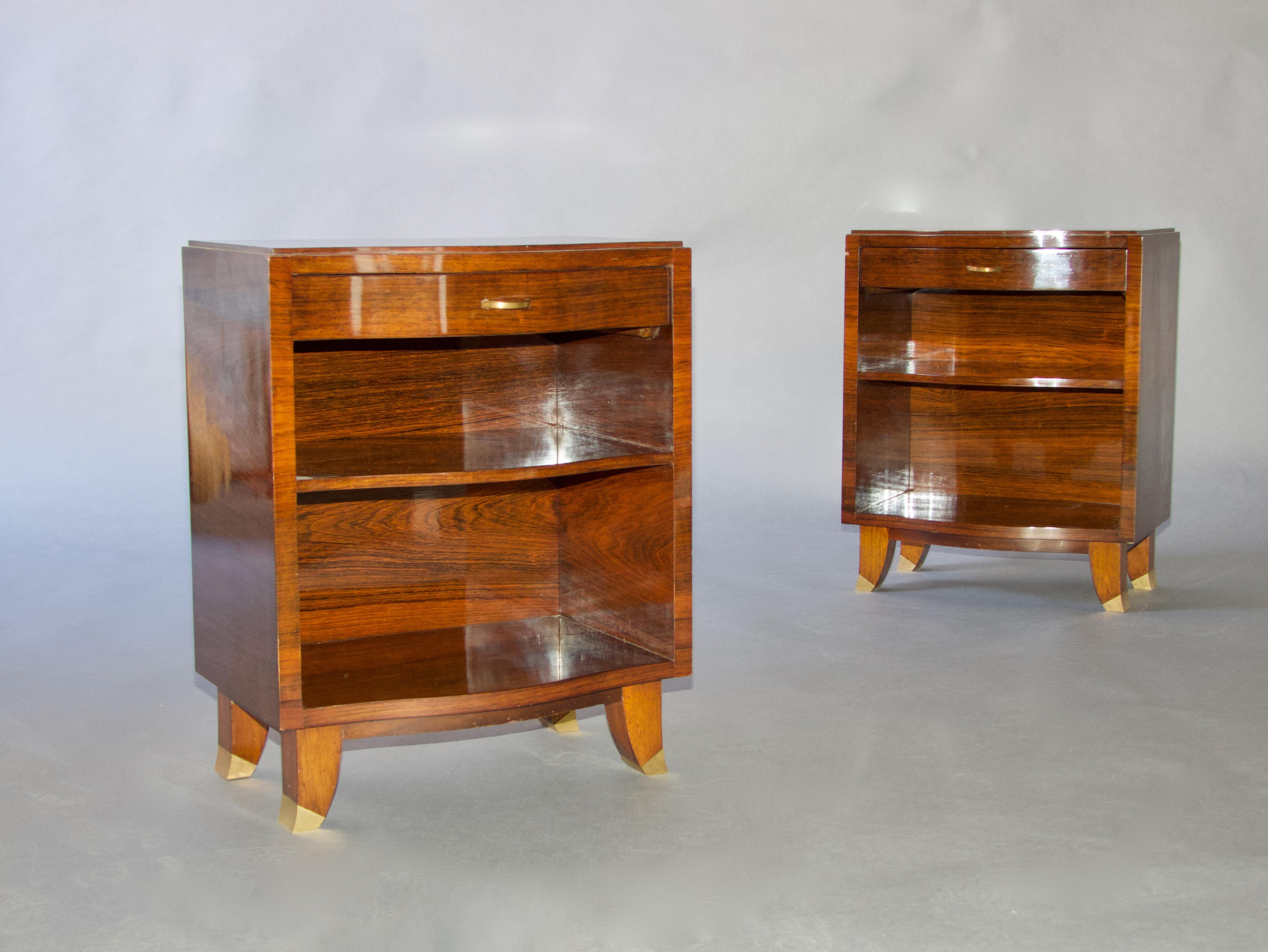 Pair of French neoclassical wood and brass bedside 