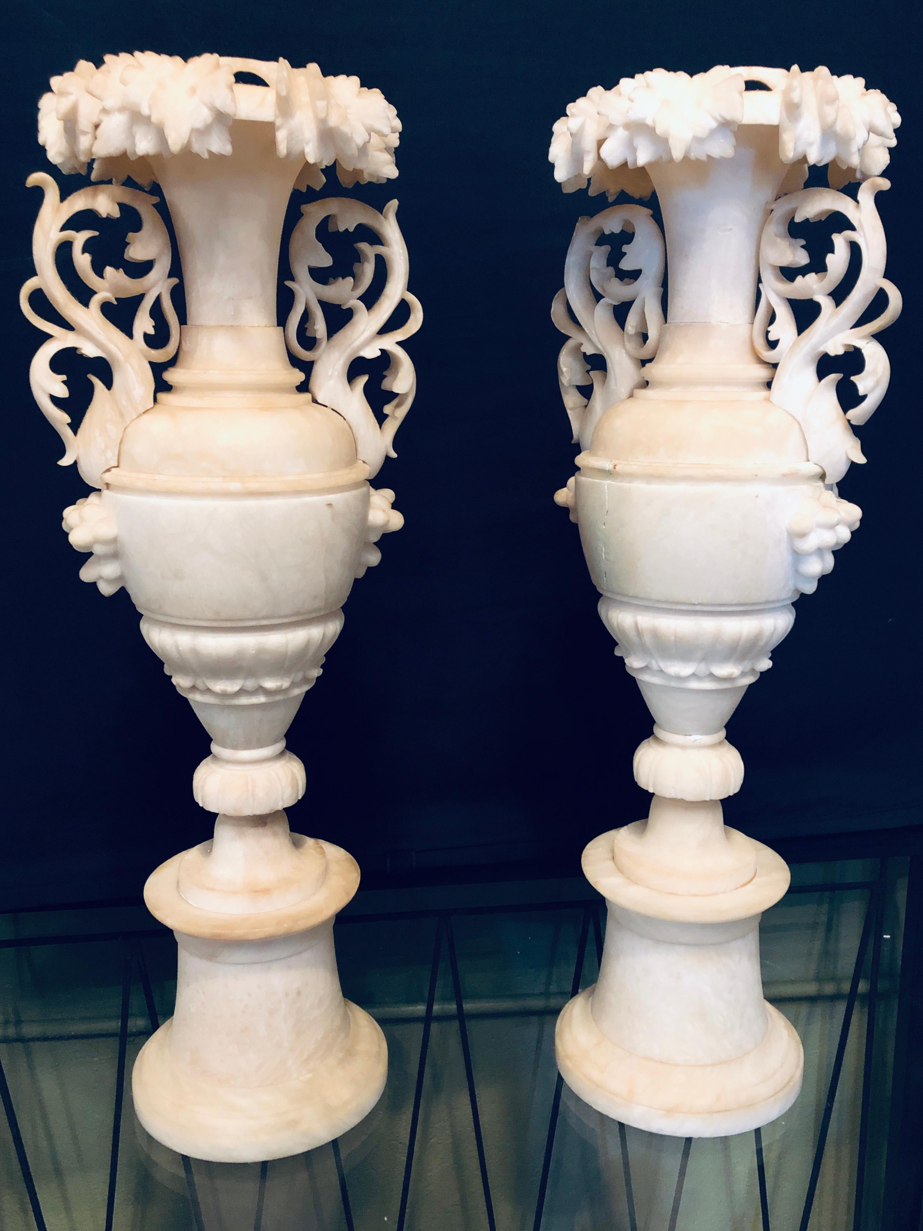 Pair of Neoclassical 19th Century Alabaster Three-Piece Urns or Vases 6