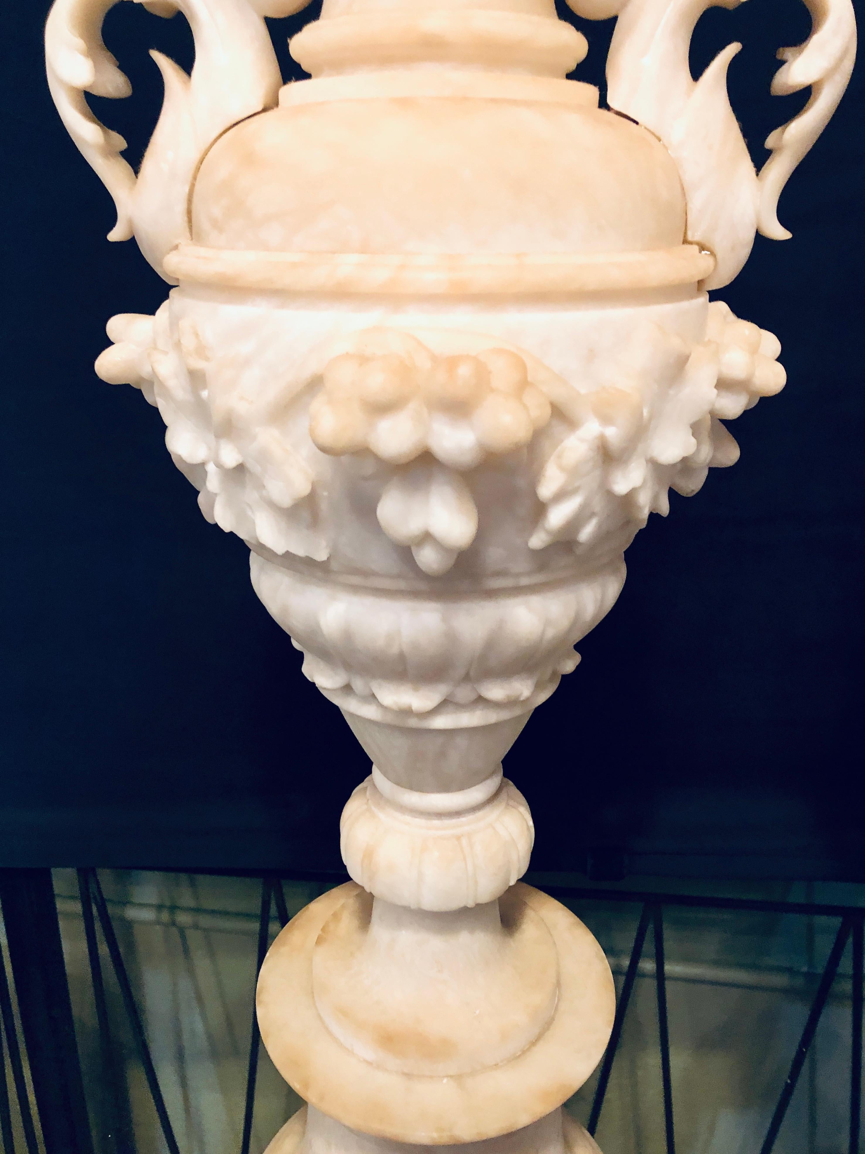 Pair of Neoclassical 19th Century Alabaster Three-Piece Urns or Vases In Fair Condition In Stamford, CT