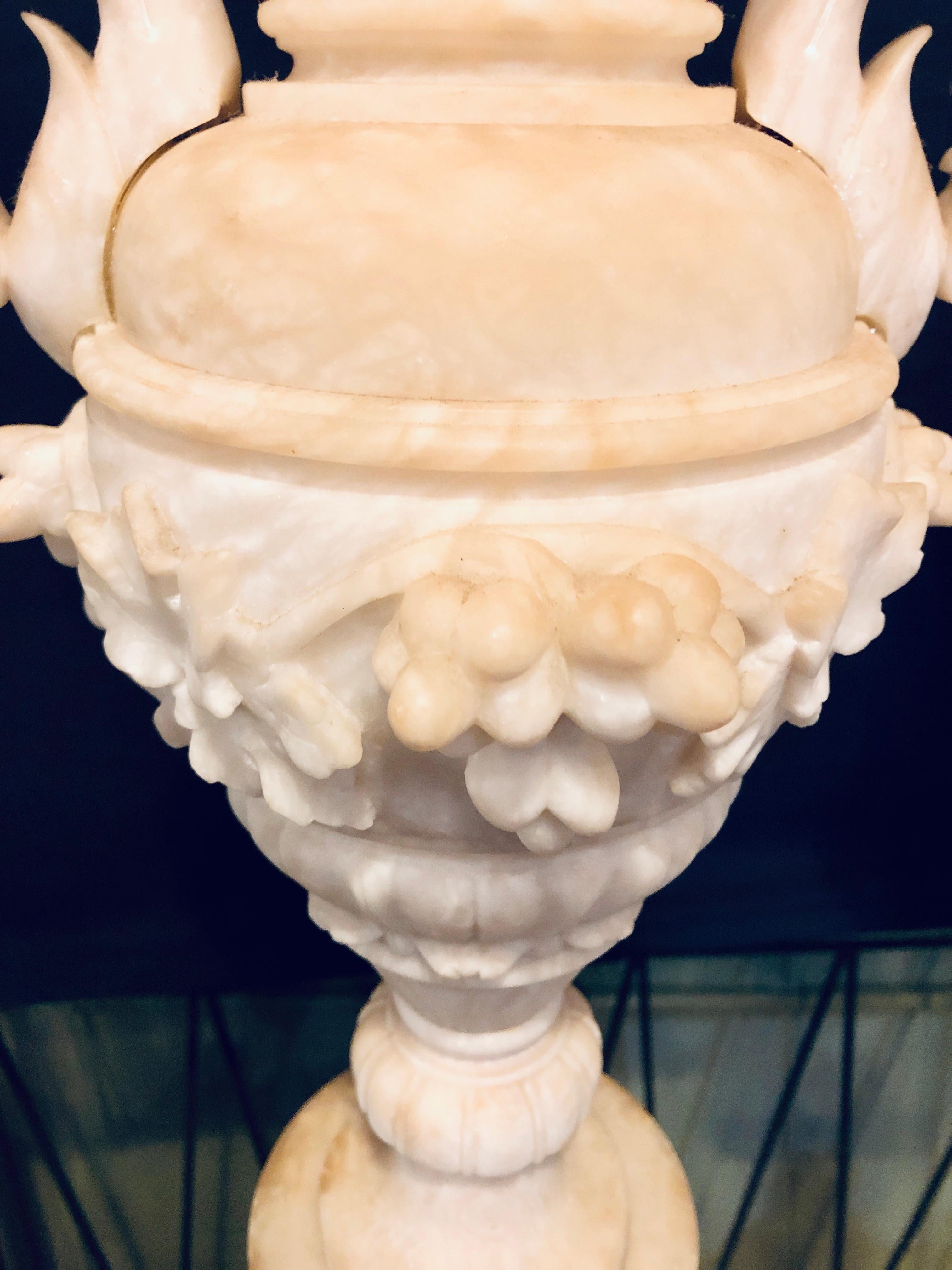 20th Century Pair of Neoclassical 19th Century Alabaster Three-Piece Urns or Vases