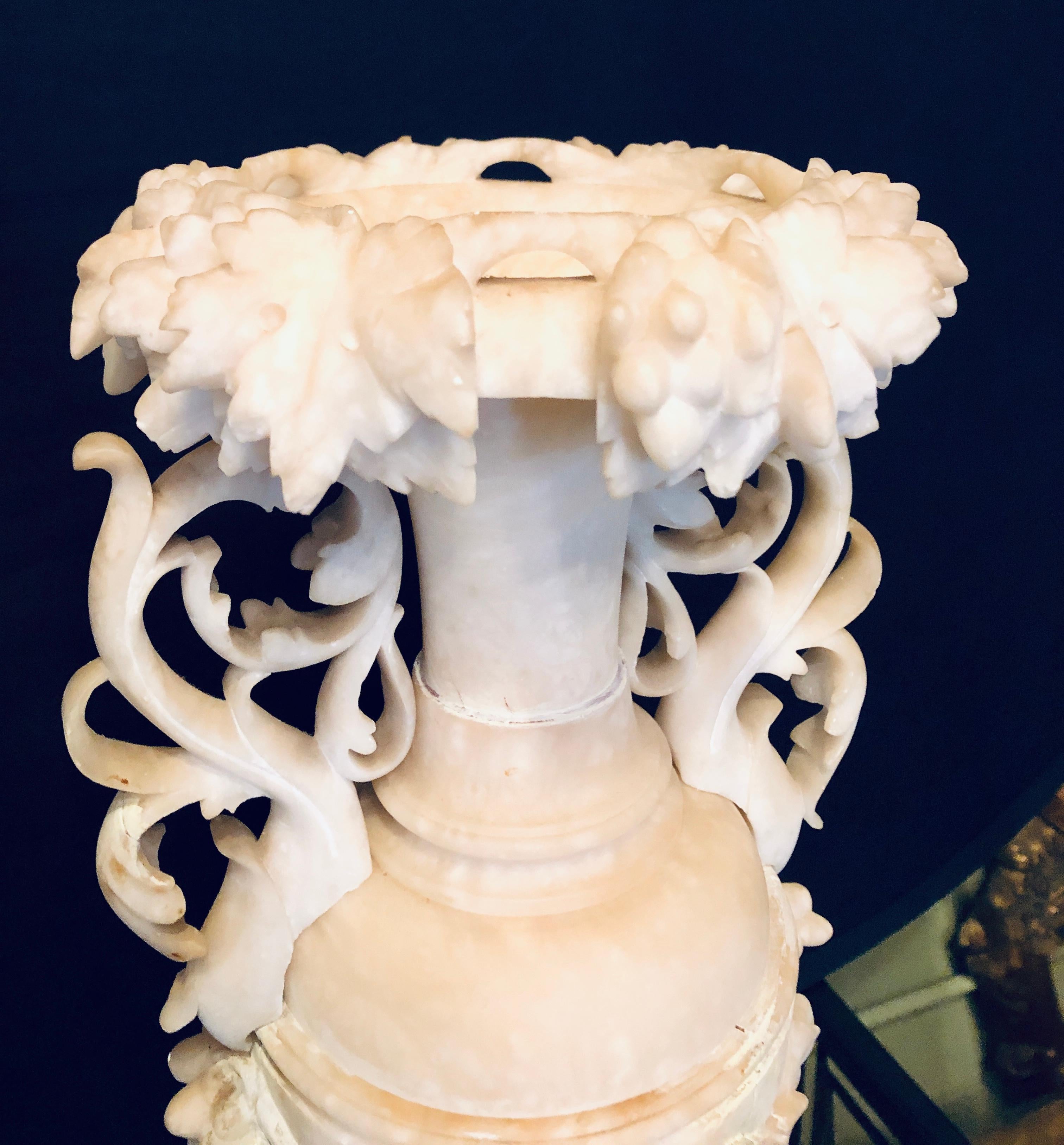 Pair of Neoclassical 19th Century Alabaster Three-Piece Urns or Vases 2