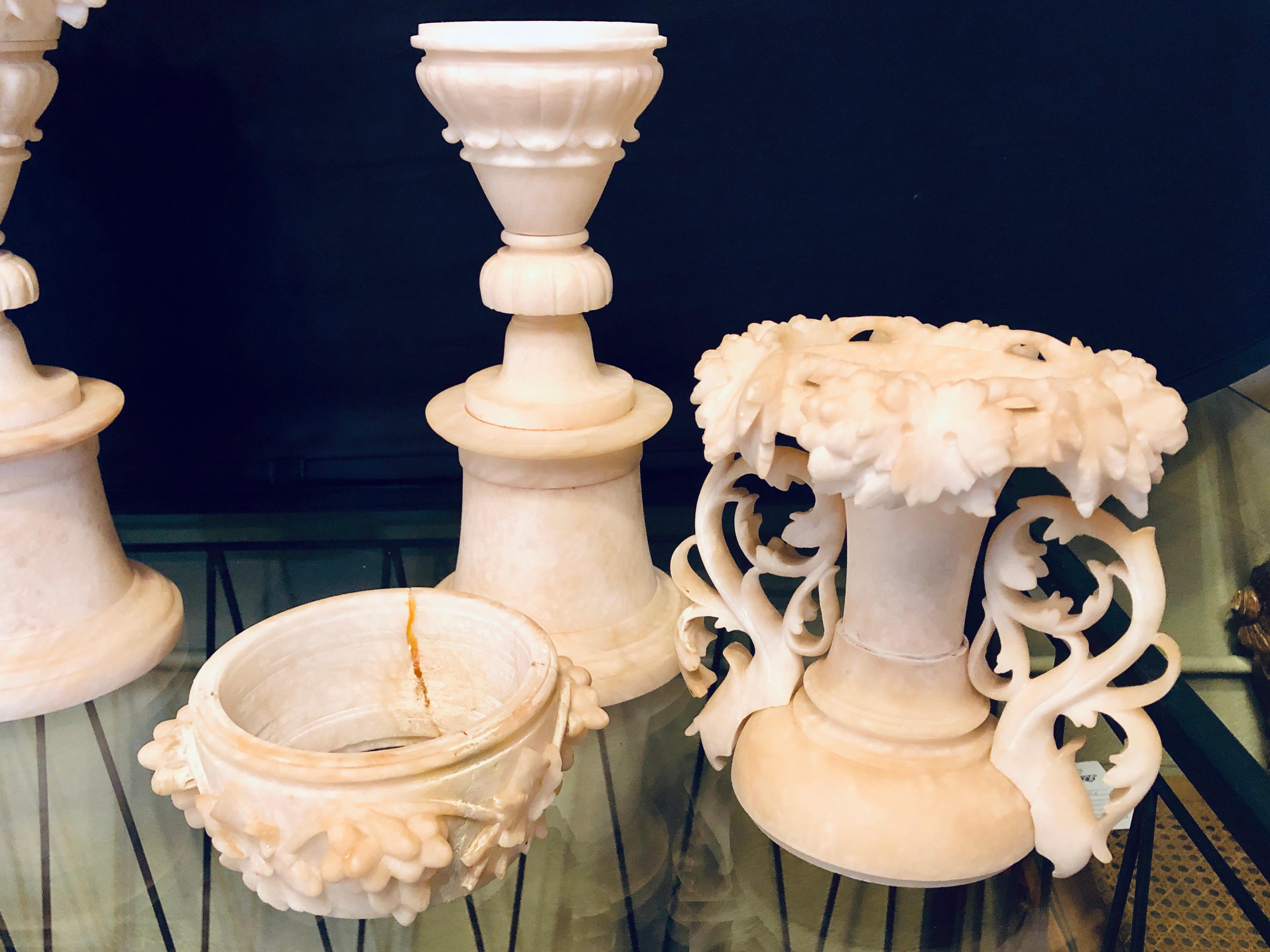 Pair of Neoclassical 19th Century Alabaster Three-Piece Urns or Vases 3