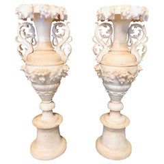 Pair of Neoclassical 19th Century Alabaster Three-Piece Urns or Vases