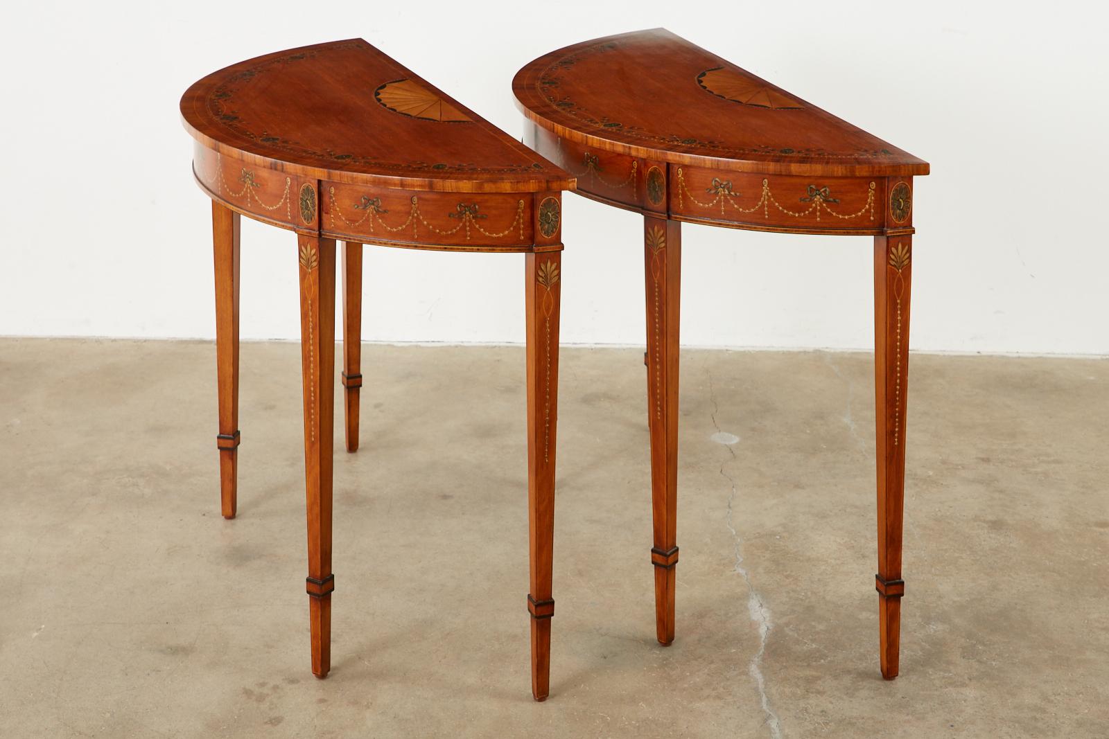 Hand-Crafted Pair of Neoclassical Adams Style Demilune Consoles by Schumacher