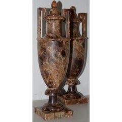 Pair of Neoclassical Alabaster Urns with Lids, circa 1910