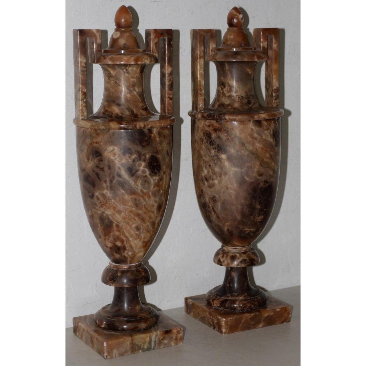 Pair of Neoclassical Alabaster Urns with Lids, circa 1910 In Good Condition In San Francisco, CA