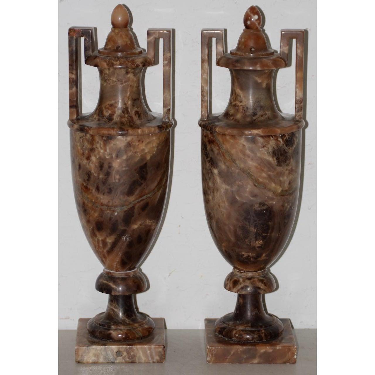 Pair of Neoclassical Alabaster Urns with Lids, circa 1910 1