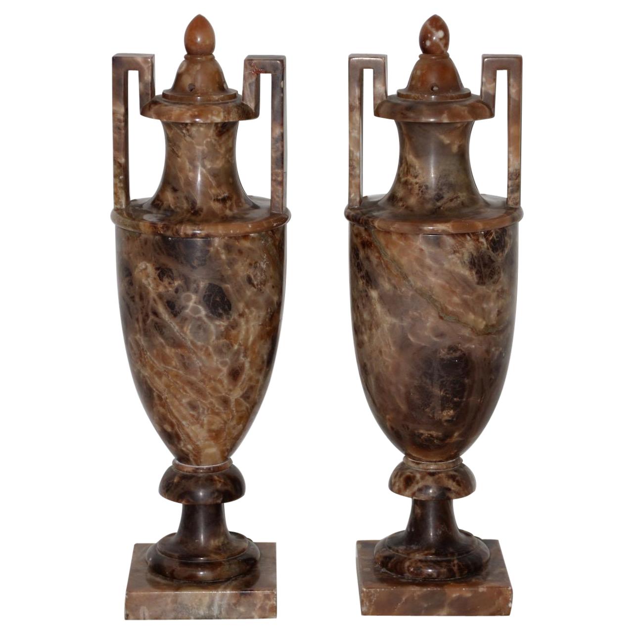 Pair of Neoclassical Alabaster Urns with Lids, circa 1910