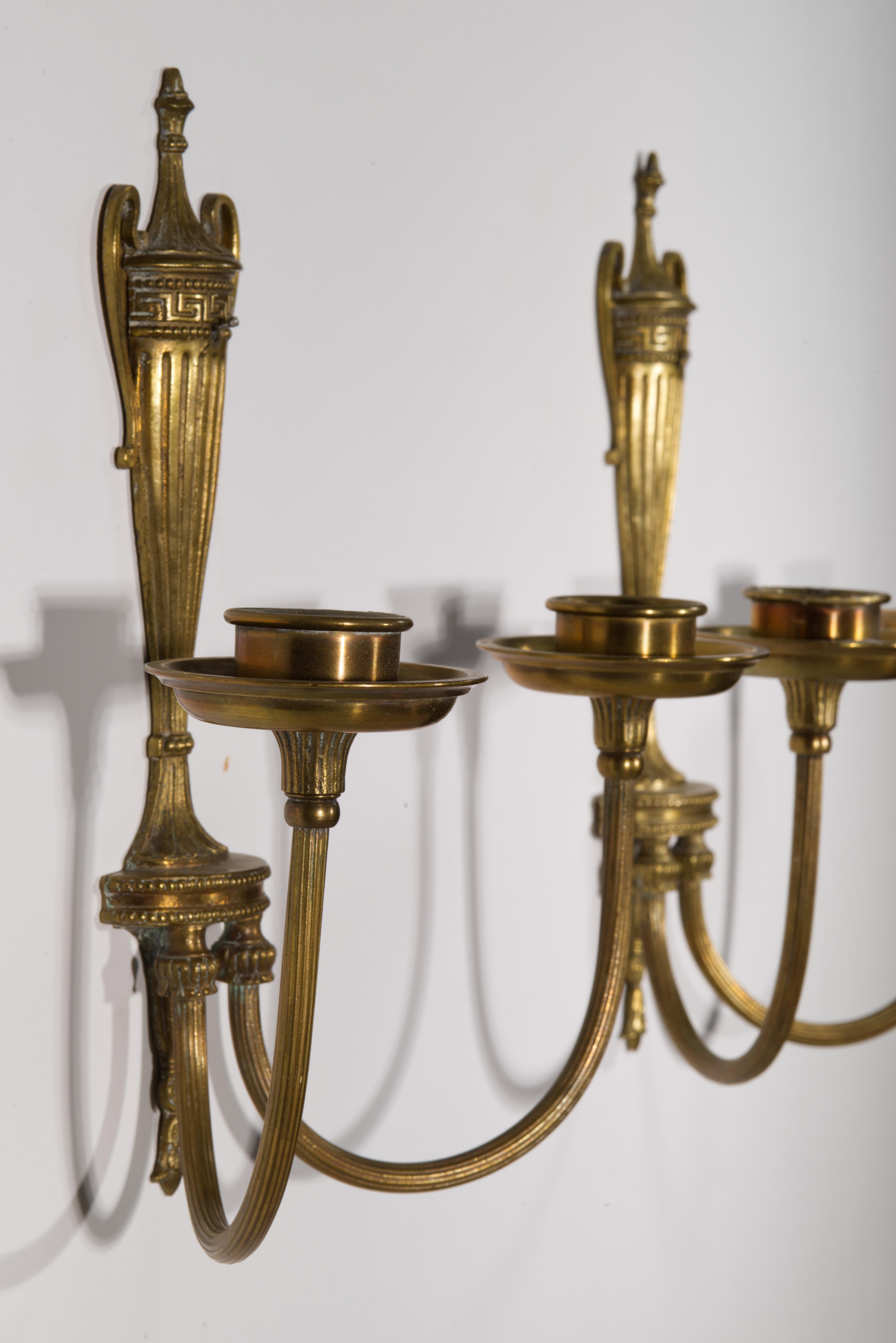 Pair of Neoclassical American Bronze Sconces, Double Arms, 1900s-1920s, #2 For Sale 2