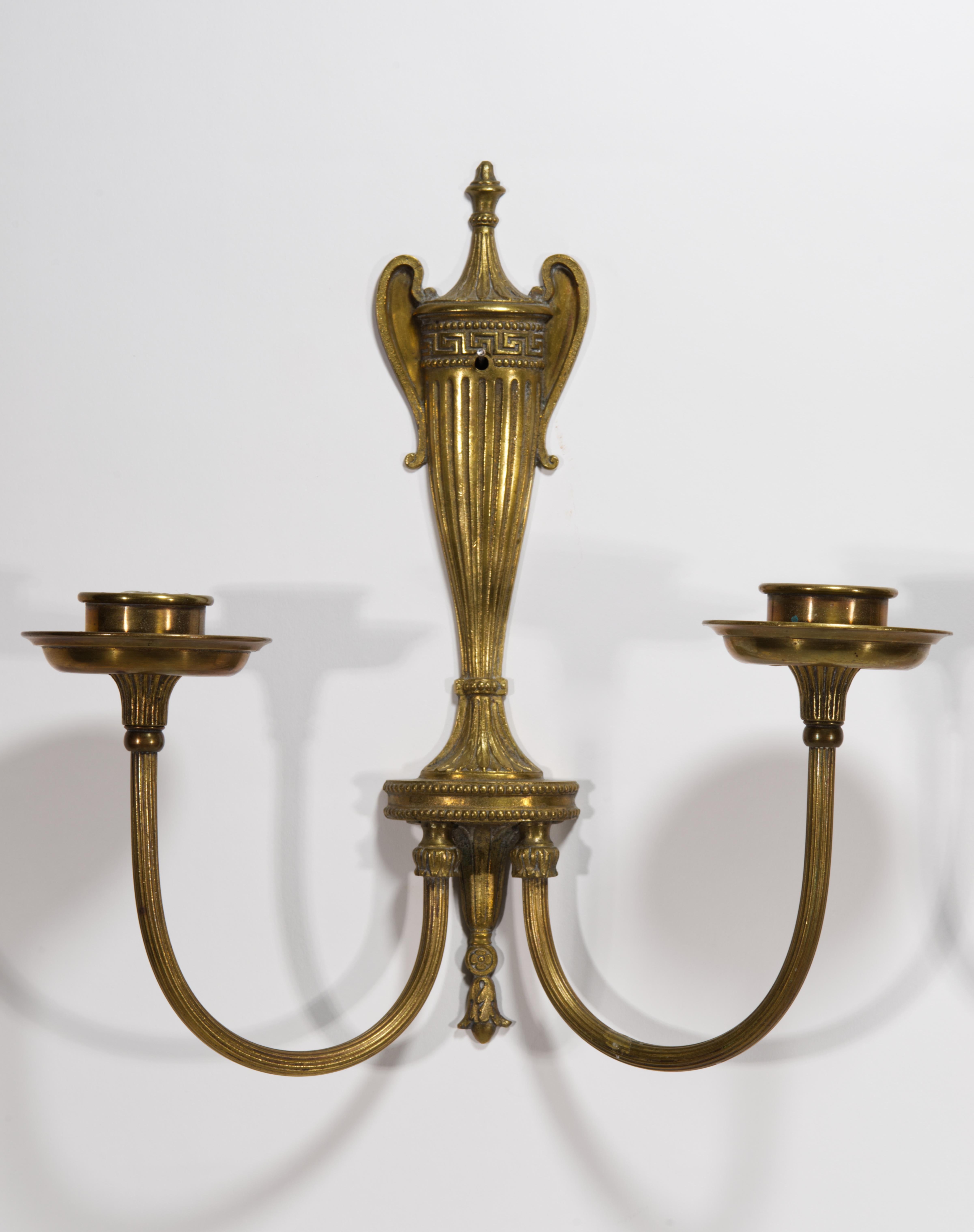 Regency Pair of Neoclassical American Bronze Sconces, Double Arms, 1900s-1920s For Sale