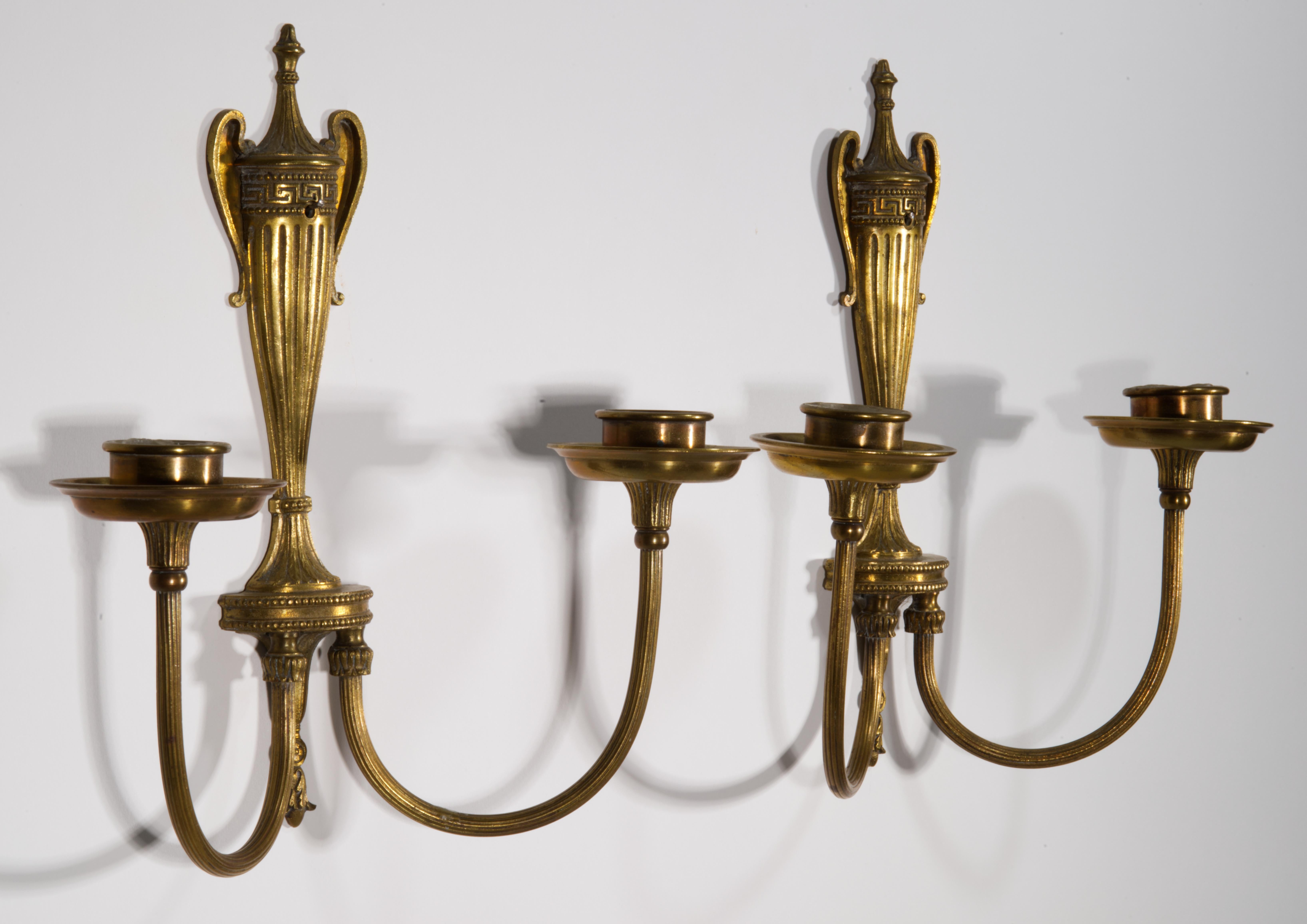 Hand-Crafted Pair of Neoclassical American Bronze Sconces, Double Arms, 1900s-1920s For Sale