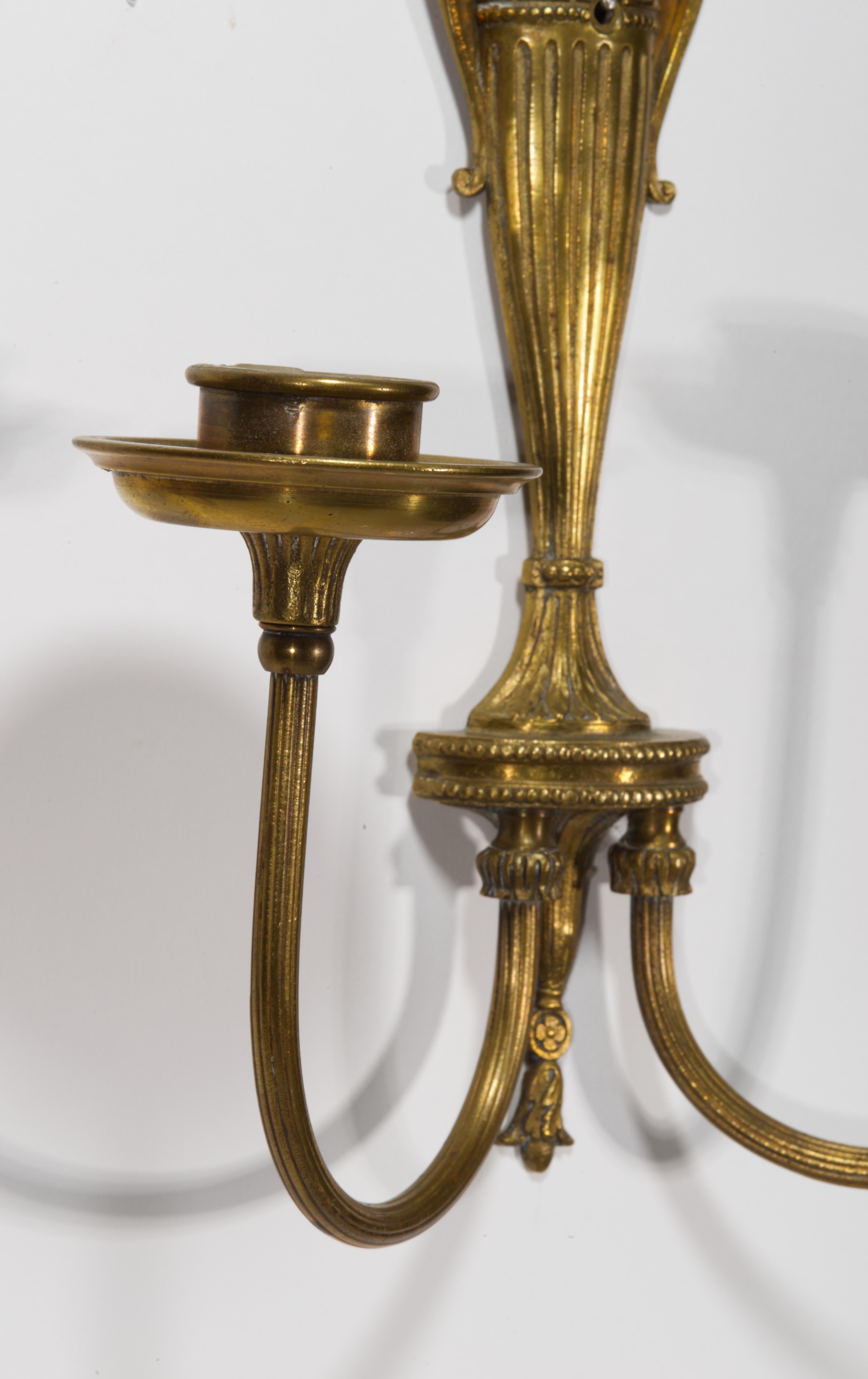 Pair of Neoclassical American Bronze Sconces, Double Arms, 1900s-1920s In Good Condition For Sale In Clifton Springs, NY