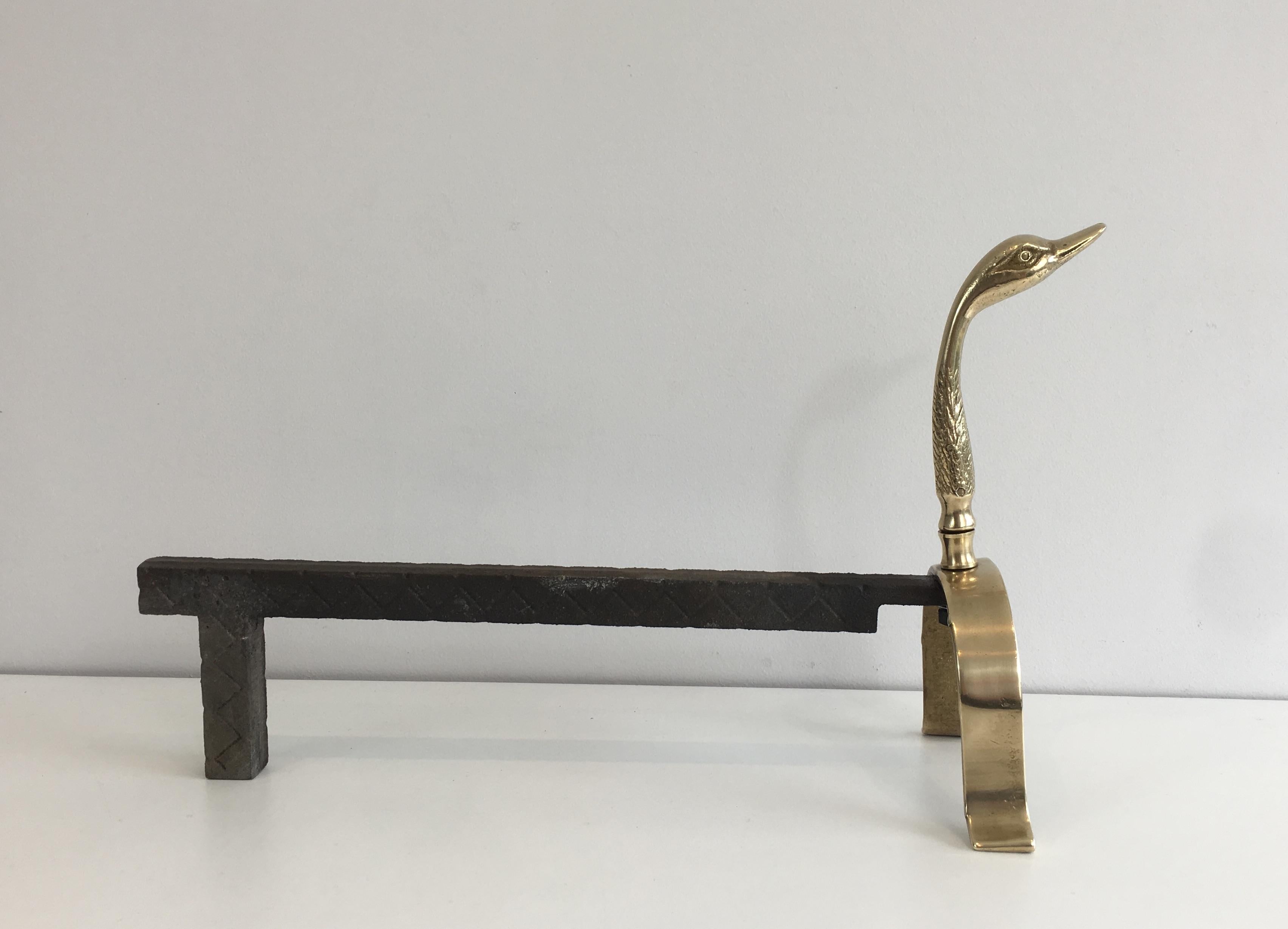 Pair of Neoclassical Andirons in Brass with Duck Heads, French, circa 1960 9