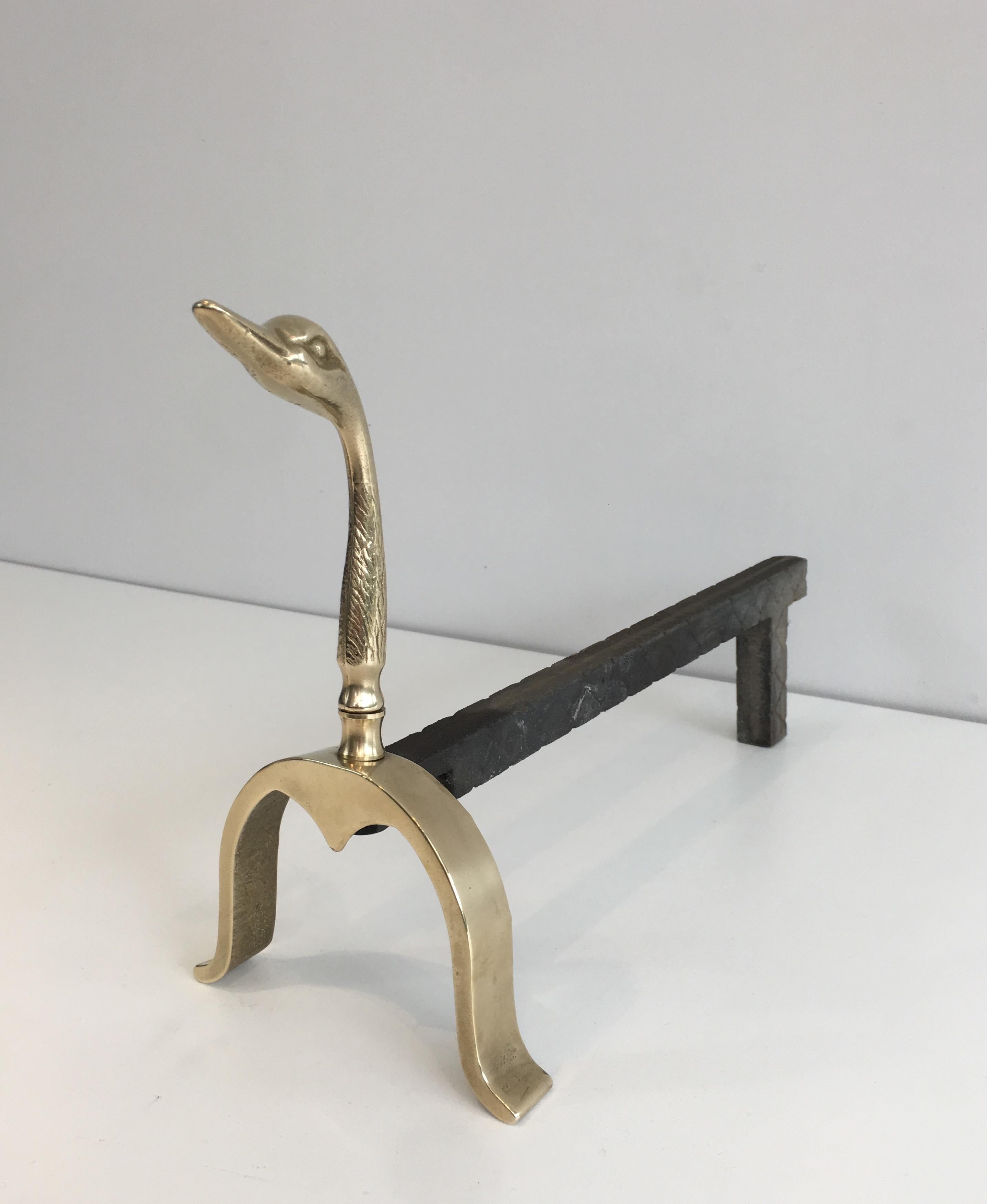 Pair of Neoclassical Andirons in Brass with Duck Heads, French, circa 1960 13