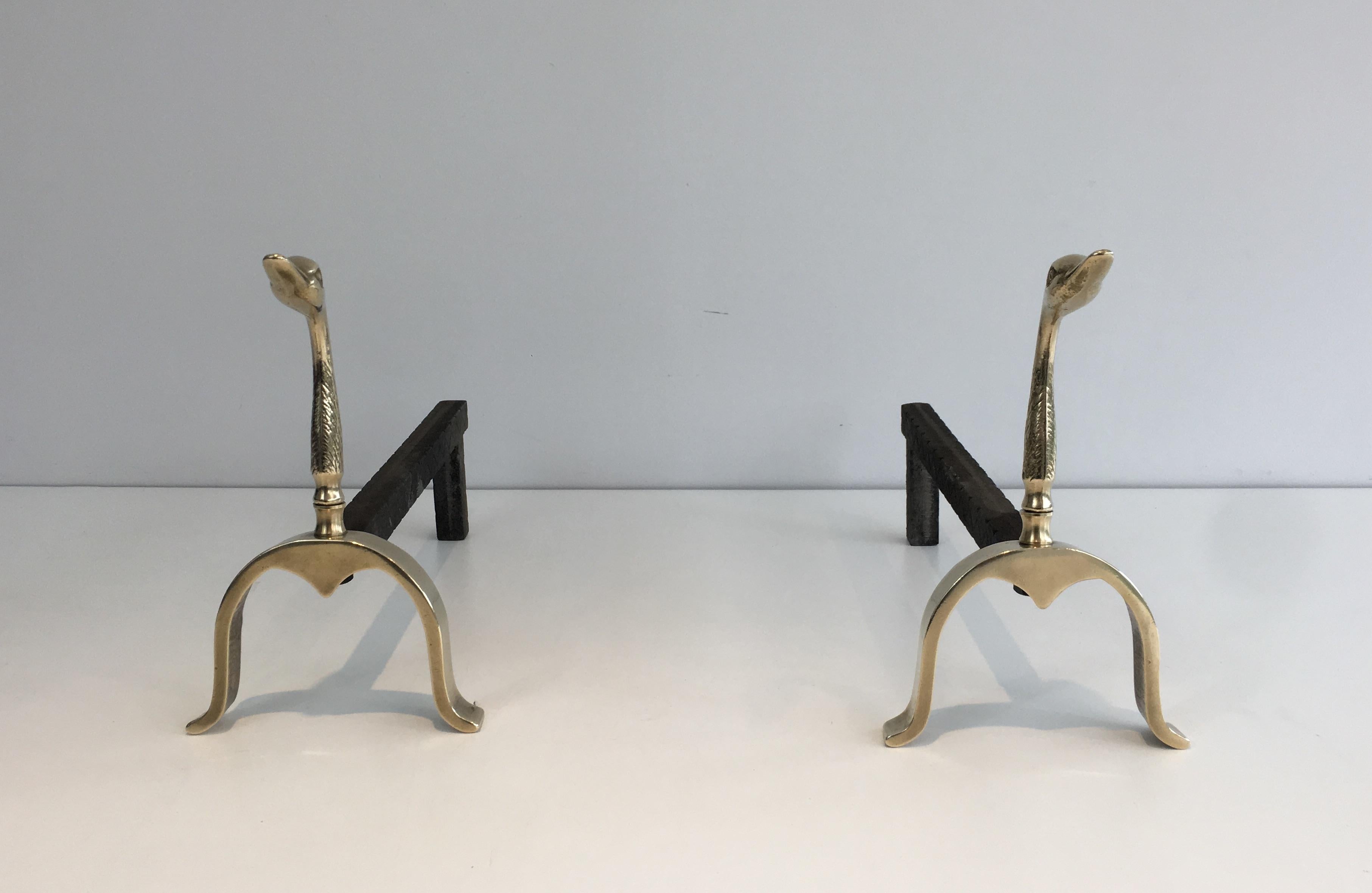 Pair of Neoclassical Andirons in Brass with Duck Heads, French, circa 1960 15