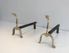Pair of Neoclassical Andirons in Brass with Duck Heads, French, circa 1960