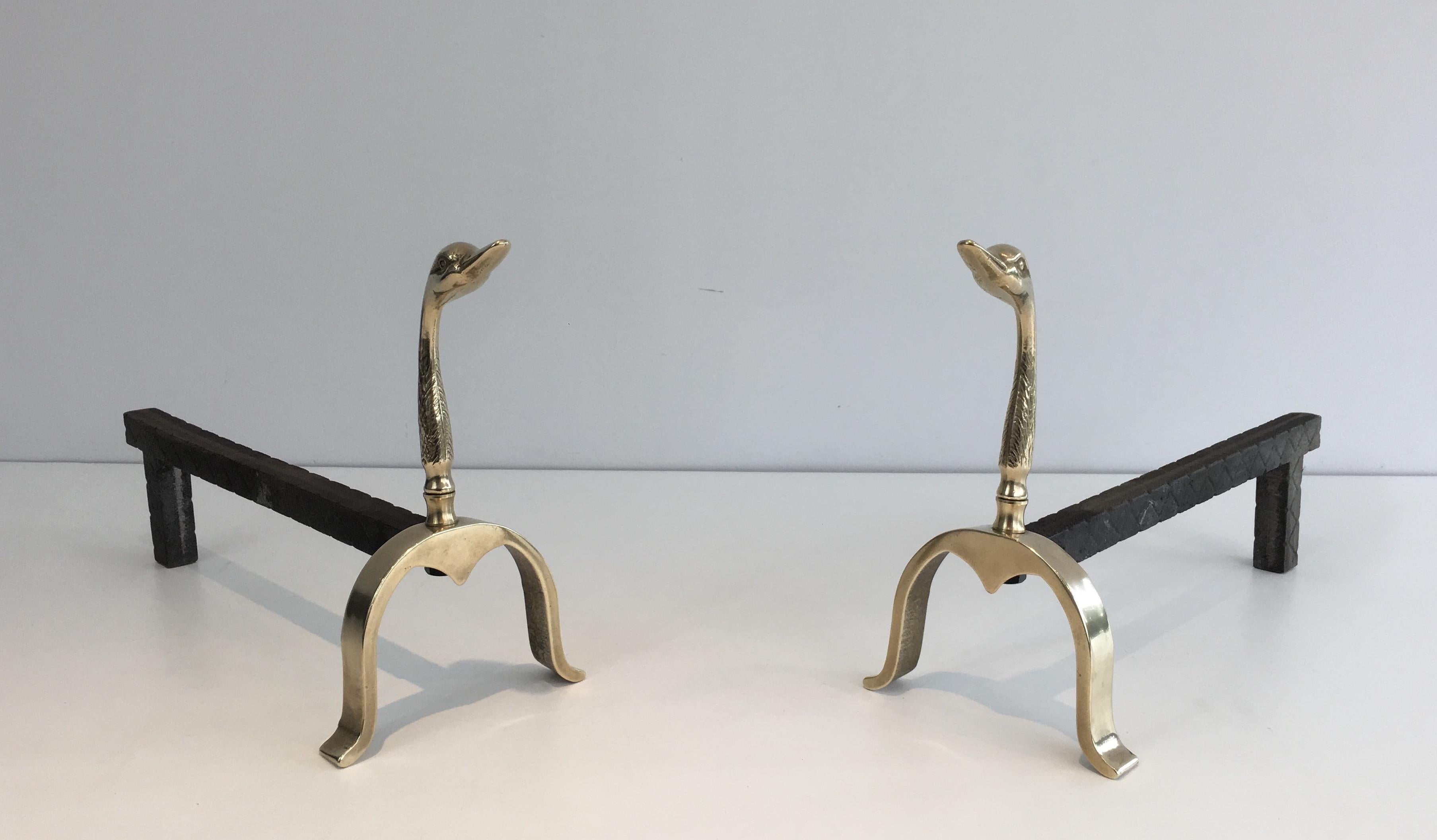 Pair of Neoclassical Andirons in Brass with Duck Heads, French, circa 1960 In Good Condition In Marcq-en-Barœul, Hauts-de-France