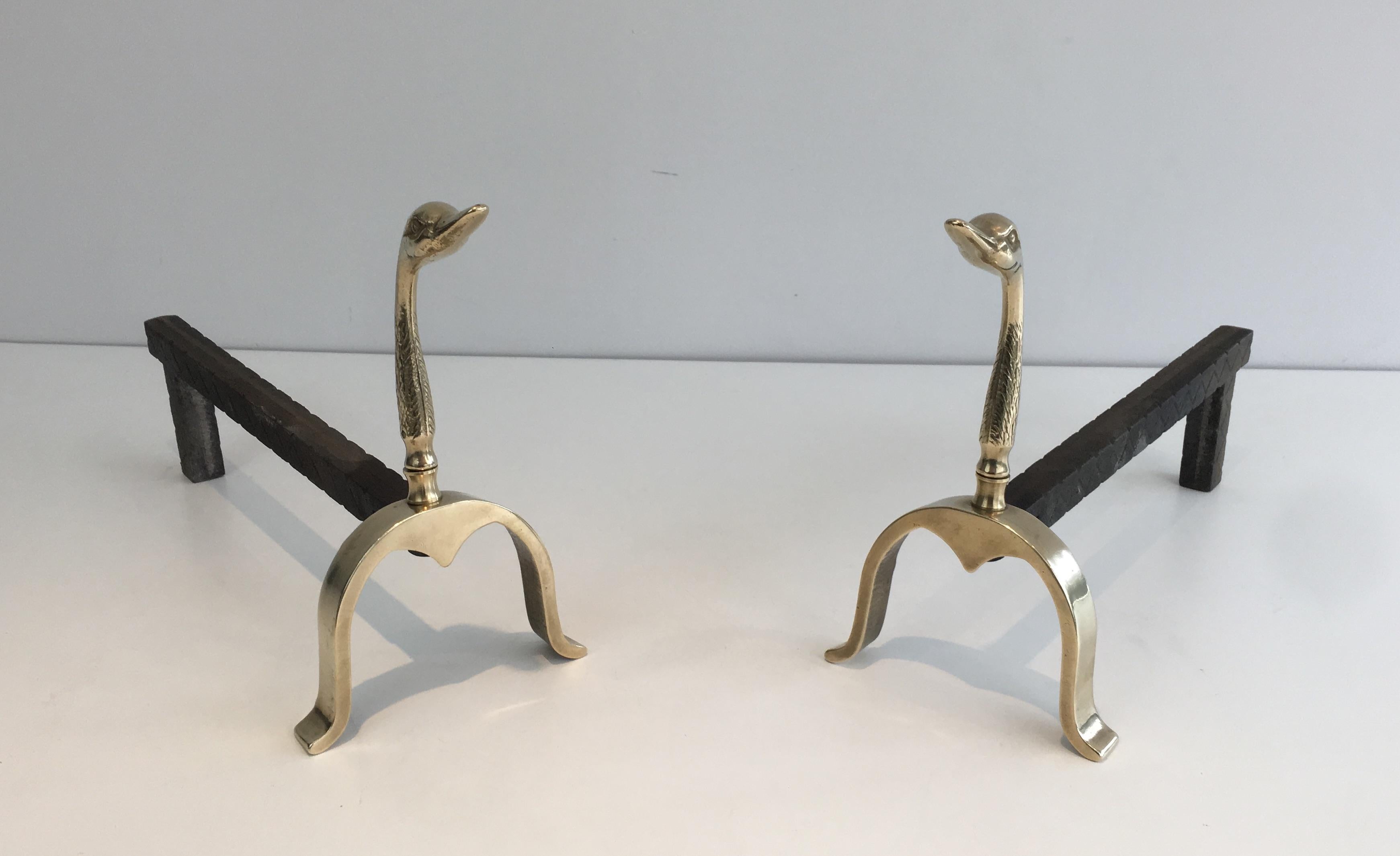 Mid-20th Century Pair of Neoclassical Andirons in Brass with Duck Heads, French, circa 1960