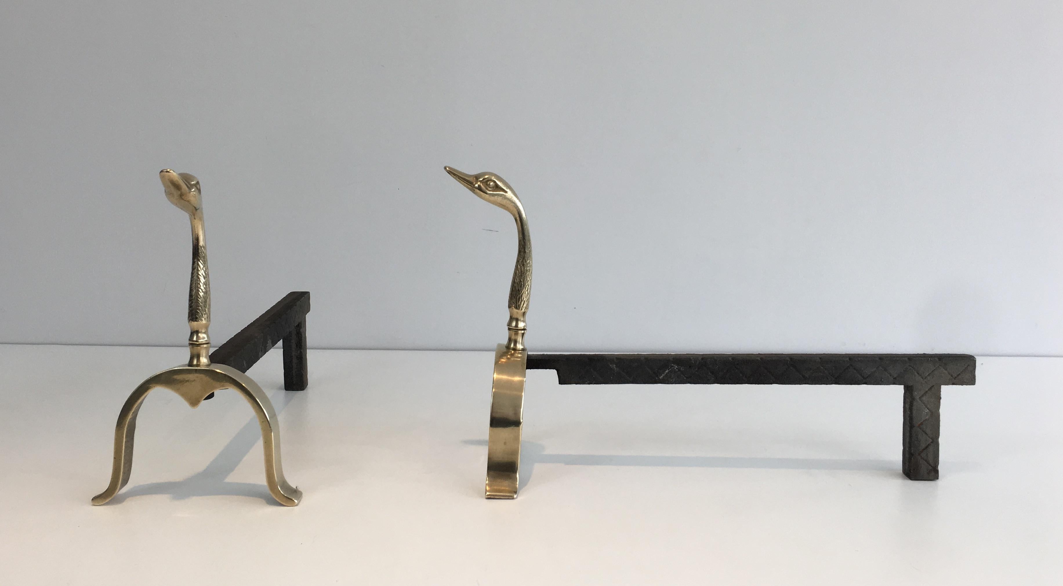 Pair of Neoclassical Andirons in Brass with Duck Heads, French, circa 1960 1