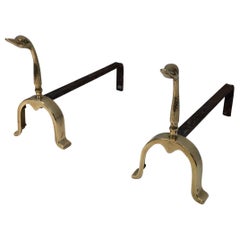 Pair of Neoclassical Andirons in Brass with Duck Heads, French, circa 1960