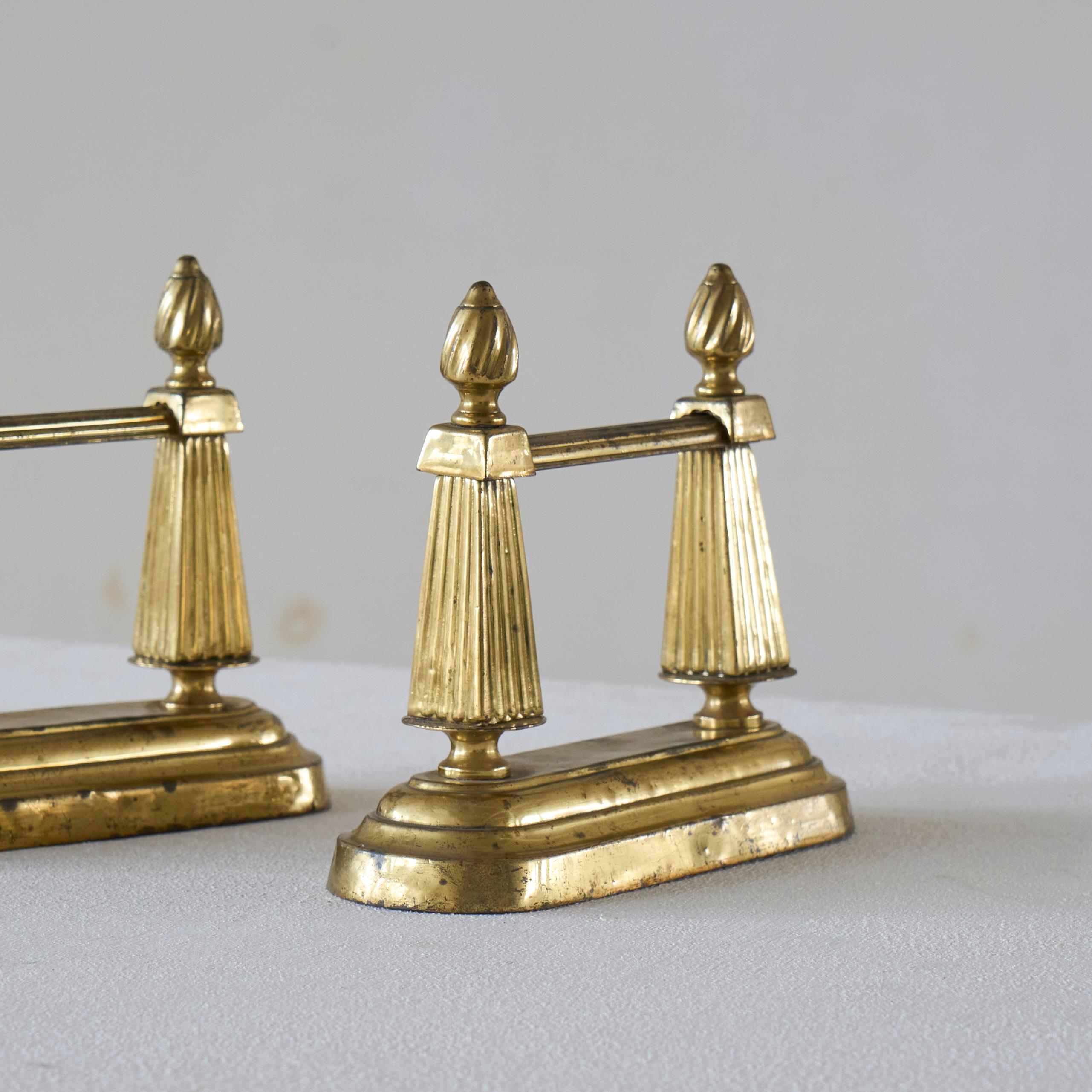 Pair of Neoclassical Andirons in Patinated Brass For Sale 1