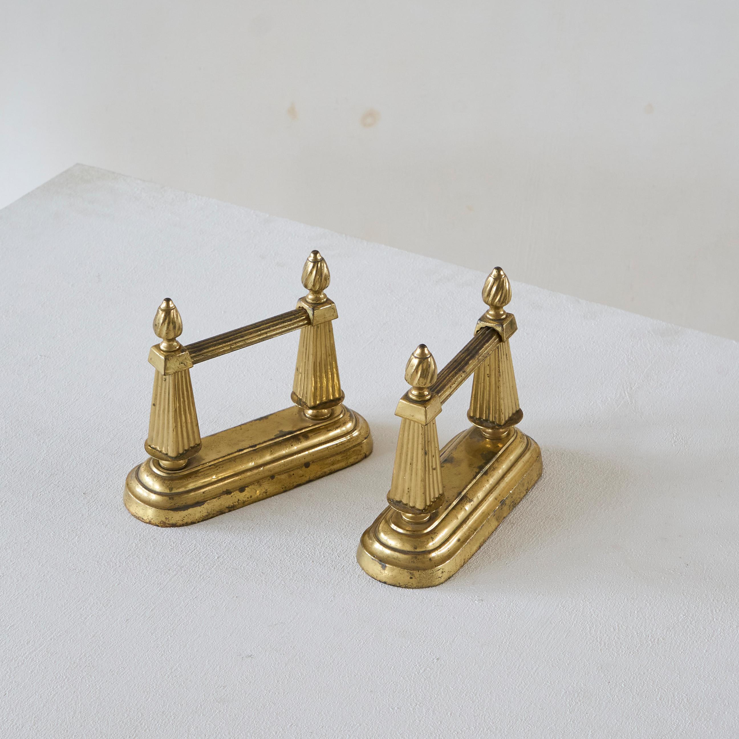 Pair of Neoclassical Andirons in Patinated Brass For Sale 2