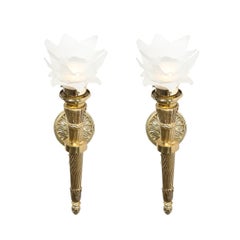 Pair of Neoclassical Antique Brass Torch Form Sconces with Frosted Glass Shades