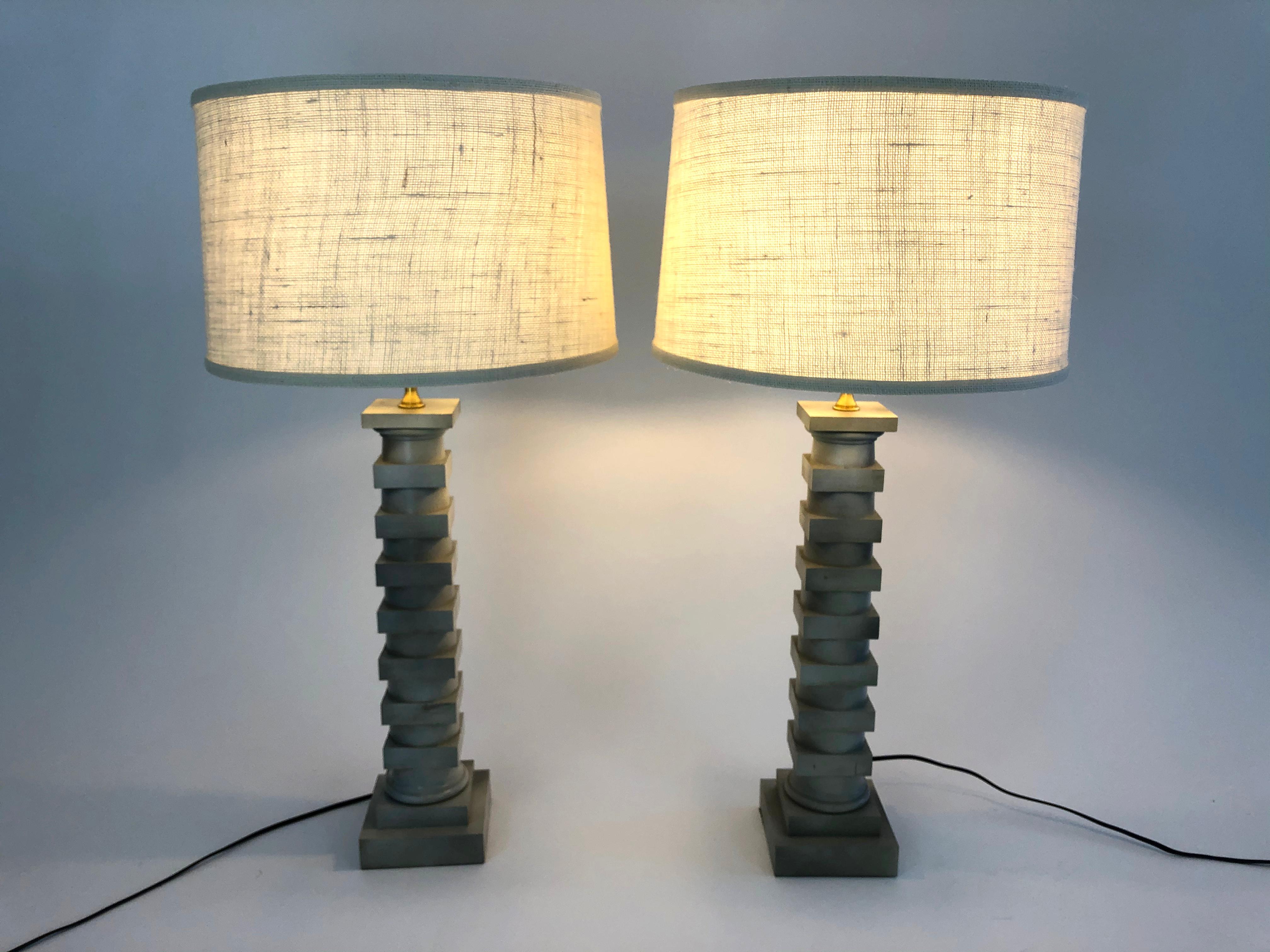 Pair of Neoclassical Architectural LeDoux Carved Wood Lamps 5