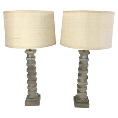 Pair of Neoclassical Architectural LeDoux Carved Wood Lamps